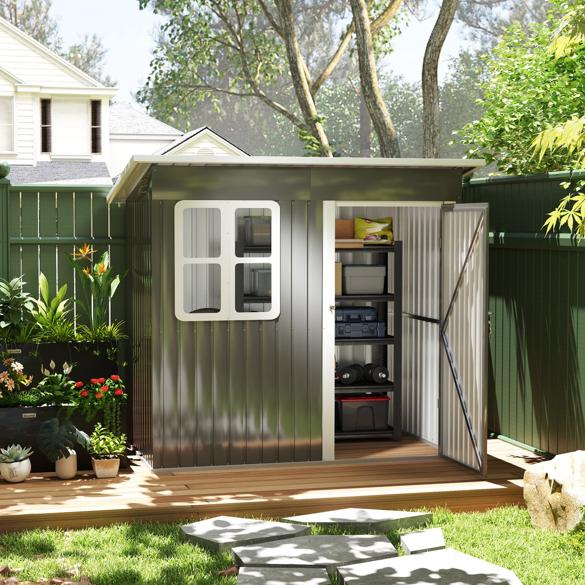 Tuinhuis Metaal, Metalen Schuurtje, Tuinberging Metaal, Gereedschapshok, Outsunny Tuinschuur, 2.55 m², Met Lessenaarsdak, 221 X 133 X 190/173 Cm, Gereedschapsschuur Met Afsluitbare Deur, Raam, Fietsenstalling, Stalen Tuinkast, Donkergrijs