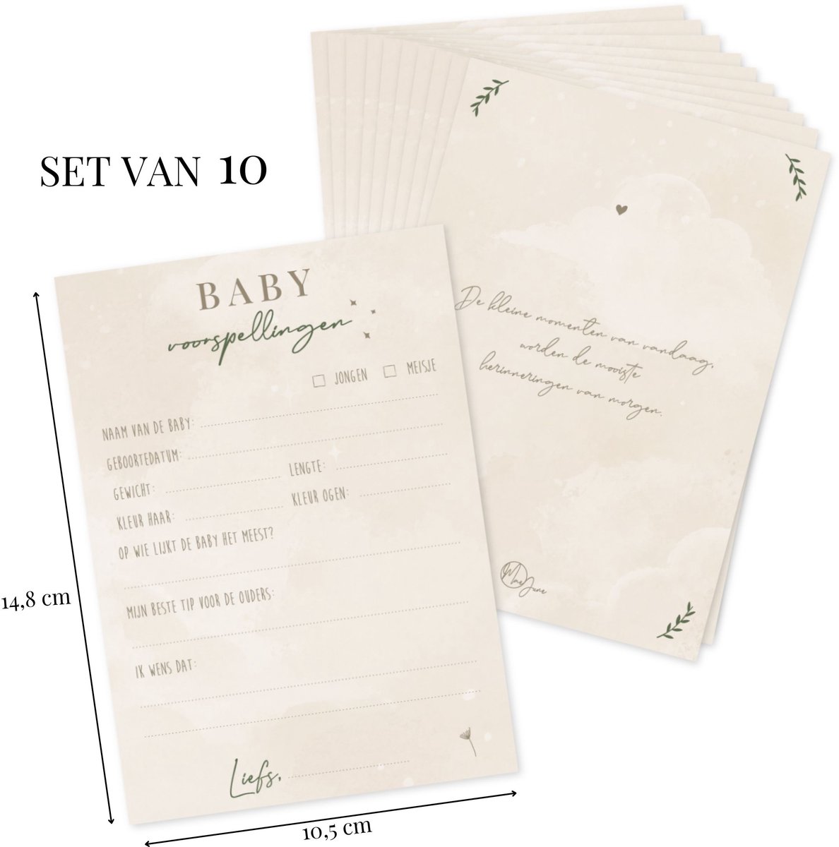 10x Babyshower Invulkaarten – Mae June – Baby Voorspellingen & Lieve Woorden – 10 Stuks – A6 – Beige – Genderneutraal – Jongen of Meisje