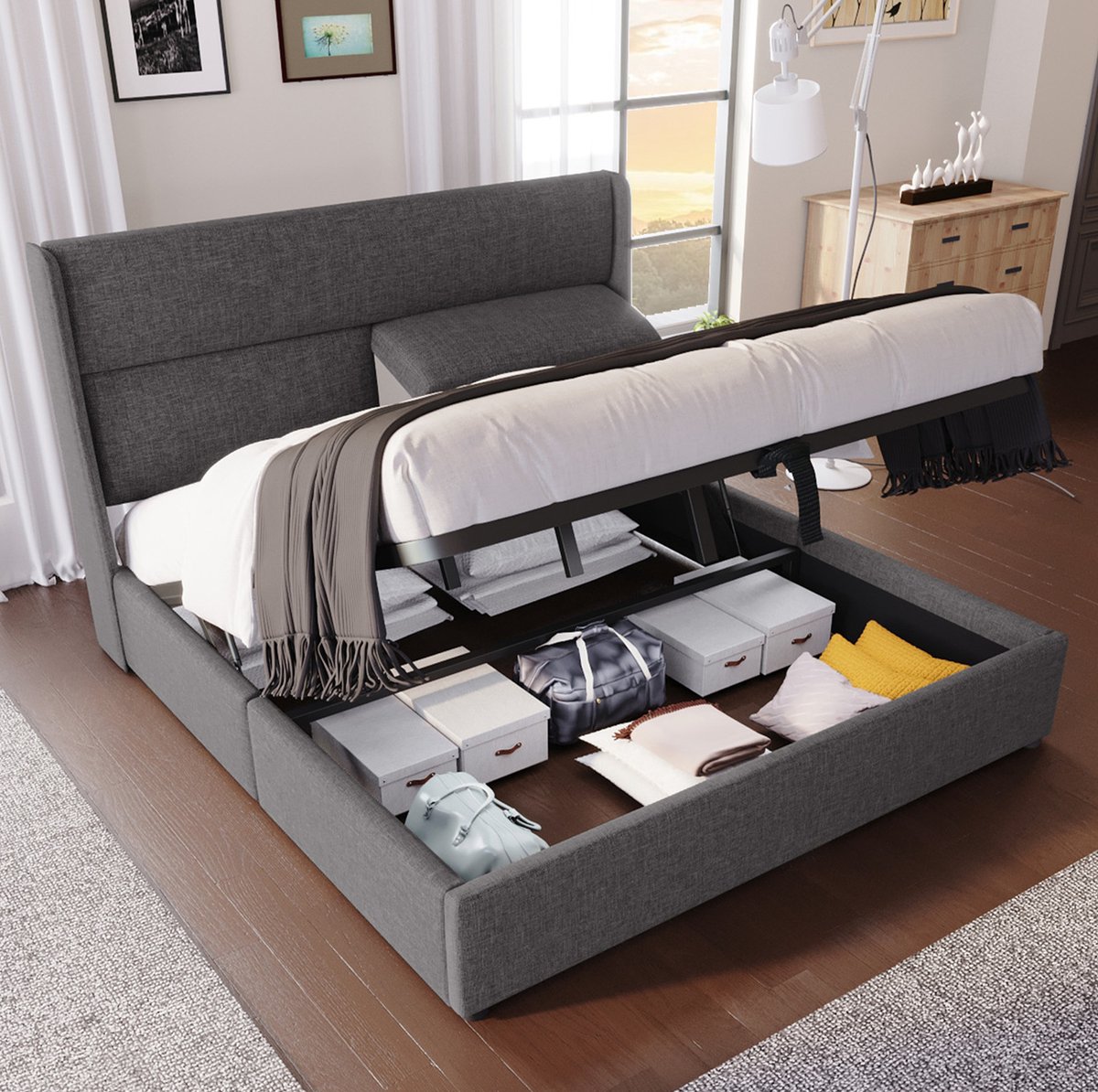 MEUNIQ tweepersoonsbed 160x200 cm met verstelbare hoofdsteunen, hydraulische opbergruimte, gestoffeerd bedframe met metalen lattenbodem voor slaapkamer, grijs