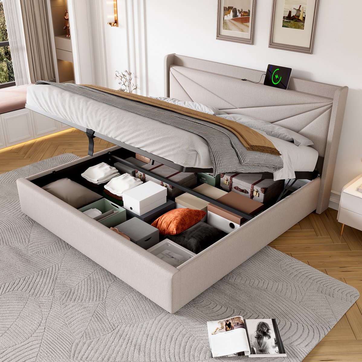 MEUNIQ tweepersoons bed 140x200 met opbergruimte, USB en Type-C in hoofdbord, lattenbodem en gestoffeerd design, bedframe voor slaapkamer, beige