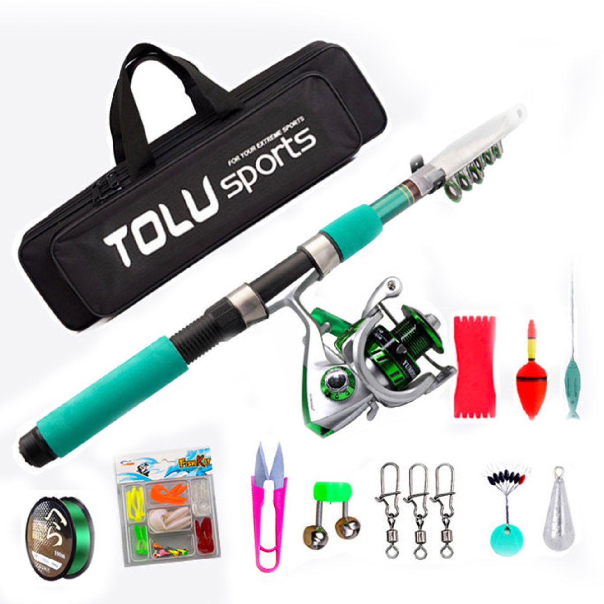 Woegel Vishengel Set Compleet – Visset met Inschuifbare Carbon Vishengel 1,8 Meter – Hengelset met Werpmolen, Vislijn en Visspullen – Inclusief Hengelsport Accessoires – Groen
