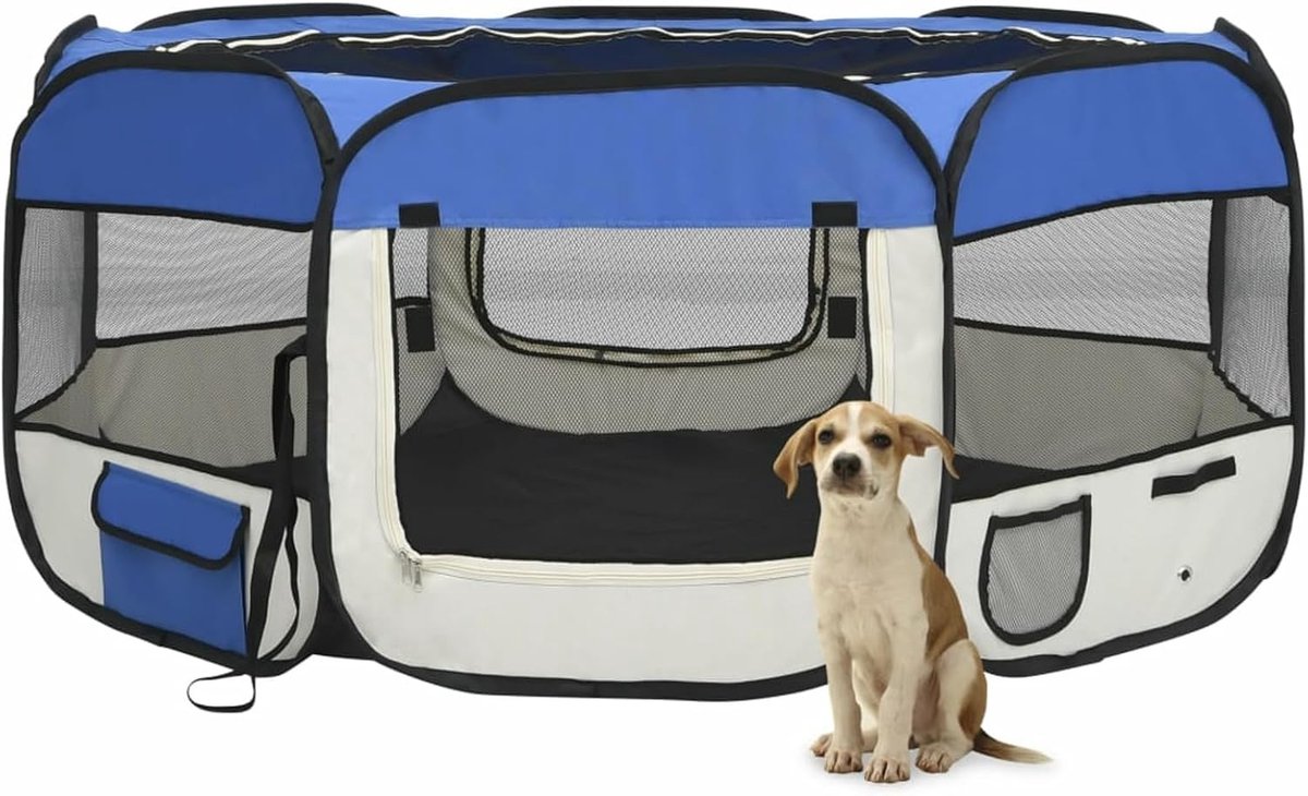 Hondenren - Dierenverblijf - Training en rust - Inclusief draagtas - 145x145x61 cm - Blauw