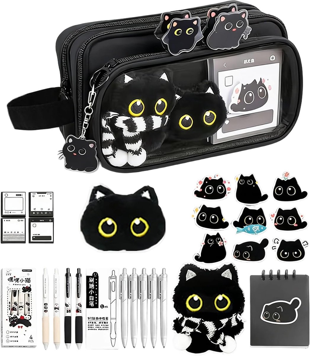 Etui Zwarte Kat - Schrijfgerei Opberger - School Kantoor - Tienlaags Systeem - 25 x 19 x 4 cm - Zwart