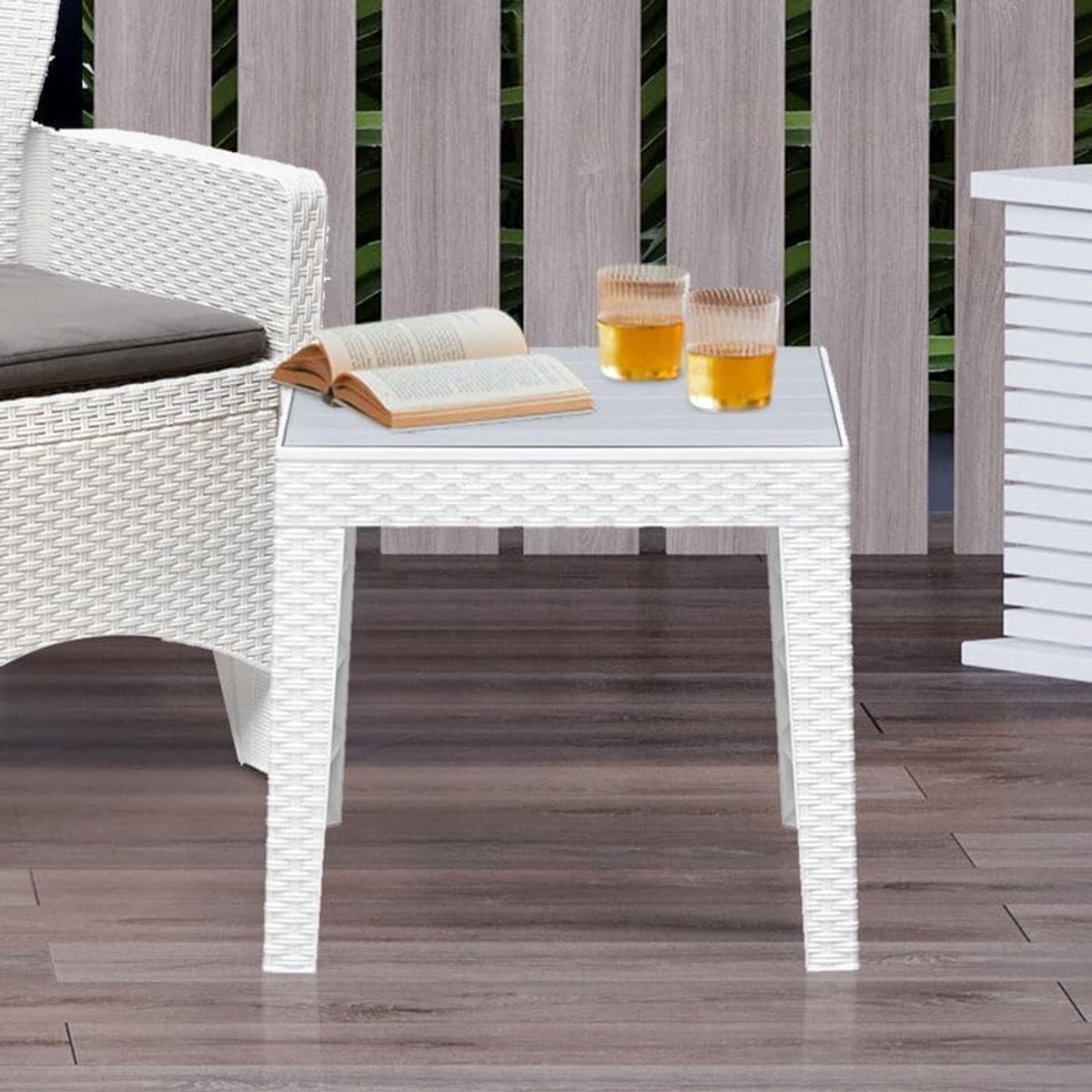 Tafel met Glas - Bijzettafel Balkon - Drankjes Serveren - UV-bestendig Kunststof - 455 cm Breed - Wit