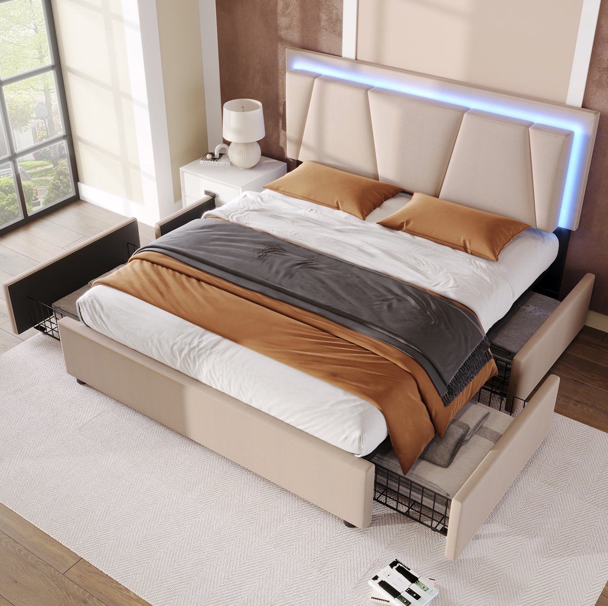 MEUNIQ gestoffeerd tweepersoons bedframe 140x200 cm met LED-verlichting, 4 lades, verstelbaar hoofdbord en lattenbodem voor slaapkamer, beige