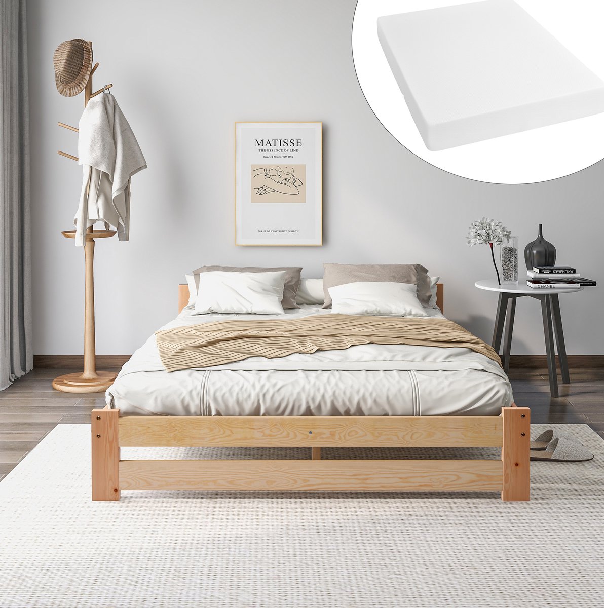 MEUNIQ houten bed 140x200 cm met hoofdbord en lattenbodem, tweepersoons bedframe van grenen voor slaapkamer, naturel, geschikt voor matras 140x200 cm