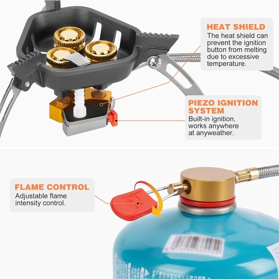 Camping Gaskooktoestel Opvouwbaar 7200W - Draagbaar en Winddicht met Piëzo Ontsteking & Butaan Adapter - Voor Kamperen en Outdoor van Camping — afbeelding 2