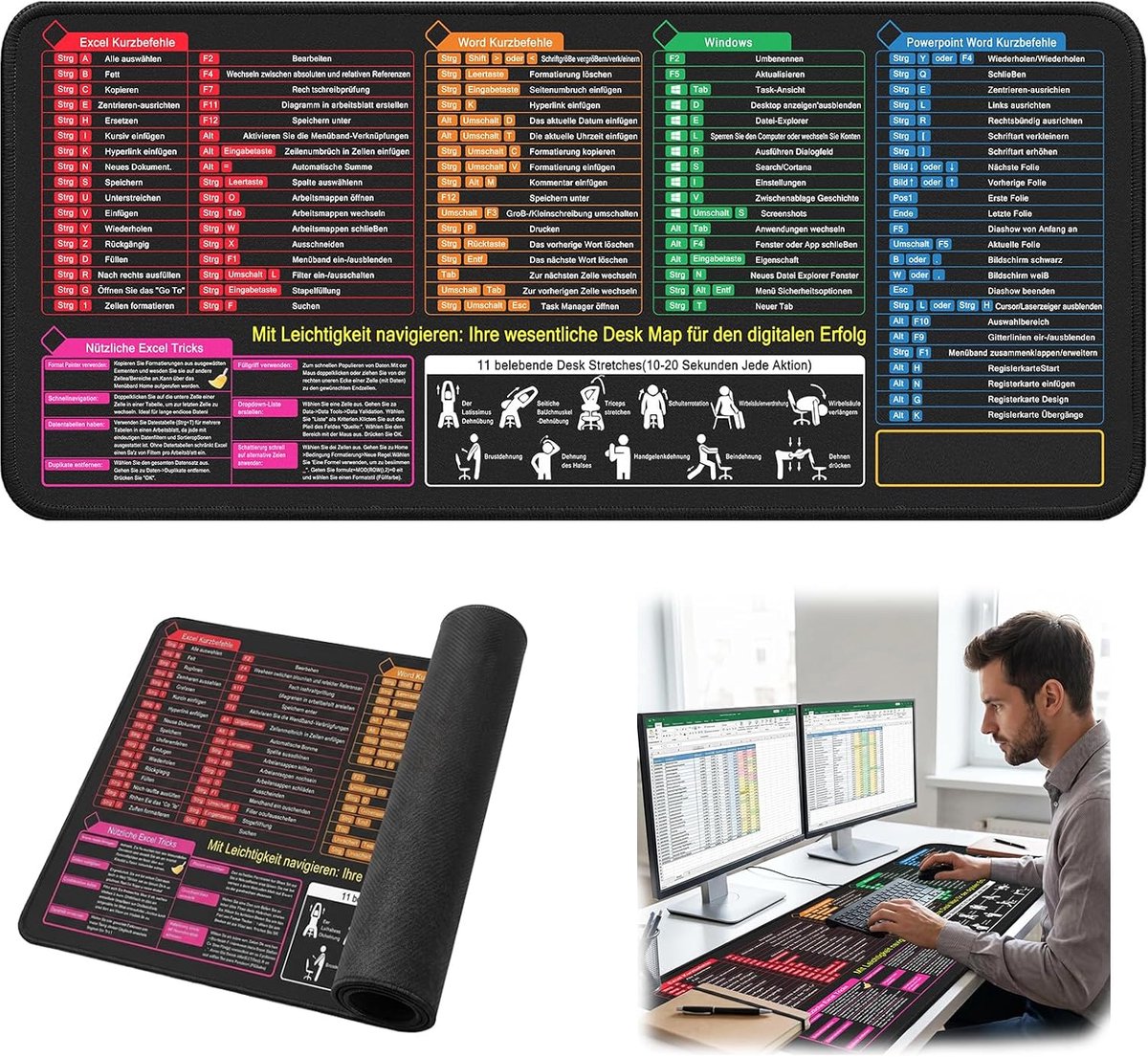 SnelShoppen - Excel Muismat XXL 900 x 400 mm met Toetsenbord Sneltoetsen voor Excel, Word, PPT en Windows - Verbeterde Snelheid, Antislip Bureau Mat v