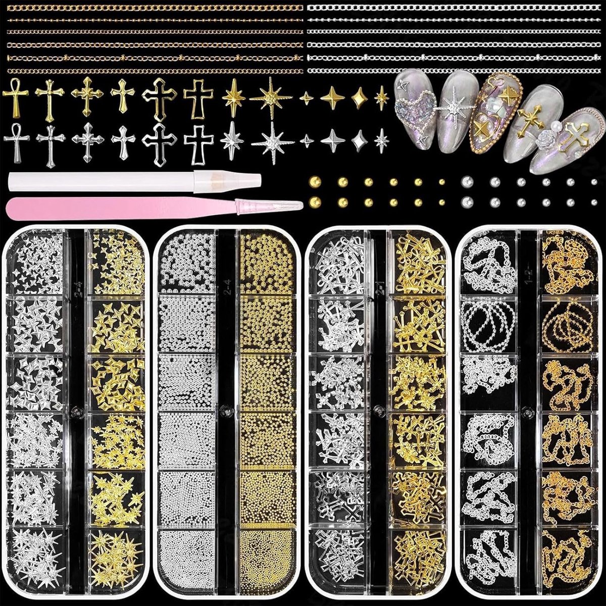 Thijox - VelvetGlow Kaviaar Nagelparels Set met 3D Sterrenkettingen en Kruis Nagelbedels voor Luxe Manicure Accessoires, DIY Nagelkunst, Goud en Zilve