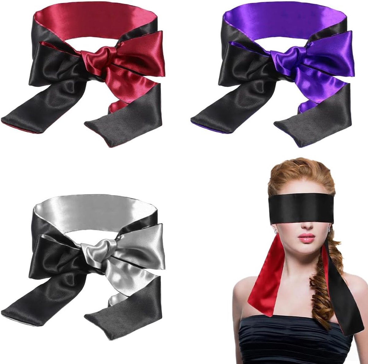 SnelShoppen - Satijnen Oogmasker - Zacht Slaapmasker - 130 x 7 cm - Verstelbare Oogafdekking - Reis-Oogmasker voor Volwassenen - 3 Stuks - Ideaal voor
