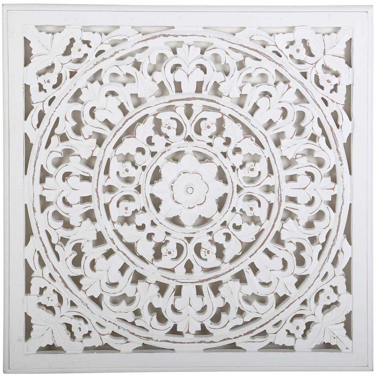 Oosterse houten wanddecoratie – Handgesneden mandala wandpaneel – Wit – 55 × 55 cm – Nasha