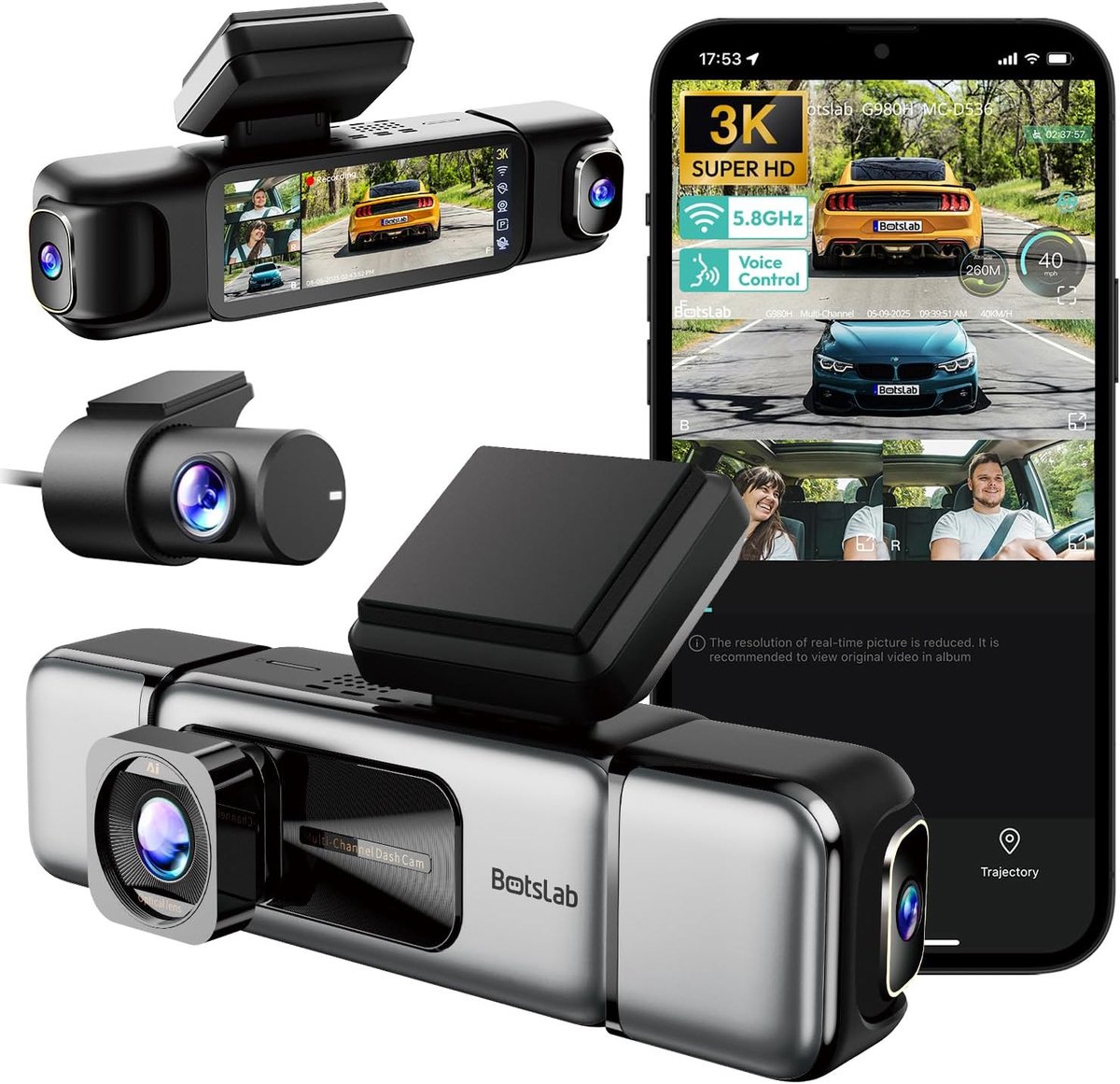 SnelShoppen - 4-kanaals Dashcam Auto Achter Binnen 3K + 3x 1080P, GPS, 5GHz WiFi, Super Nachtzicht, WDR, 3,18" IPS-scherm, G-sensor, Parkeerbewaking