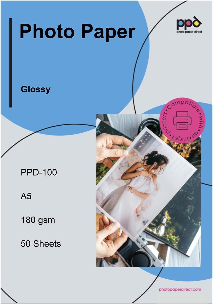 SnelShoppen - A5 Inkjet Fotopapier 180 g/m2 Hoogglans - 50 Vel Waterbestendig - Professionele Kwaliteit voor Fotoprints, Direct Droog, Perfect voor Th