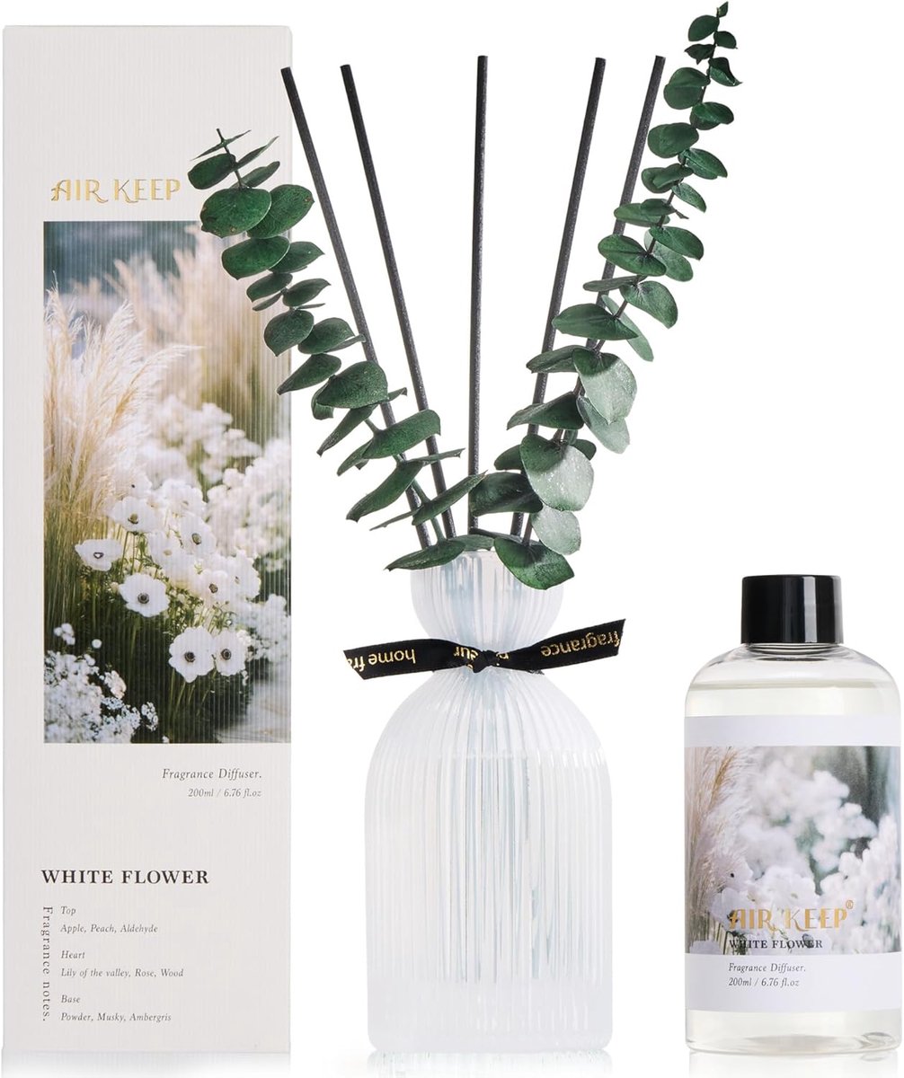 SnelShoppen - Geurdiffuser voor Thuis 200 ml - White Flower Huisparfum met Geurstokjes en Decoratieve Glazen Fles - Ideaal voor Badkamer, Slaapkamer,