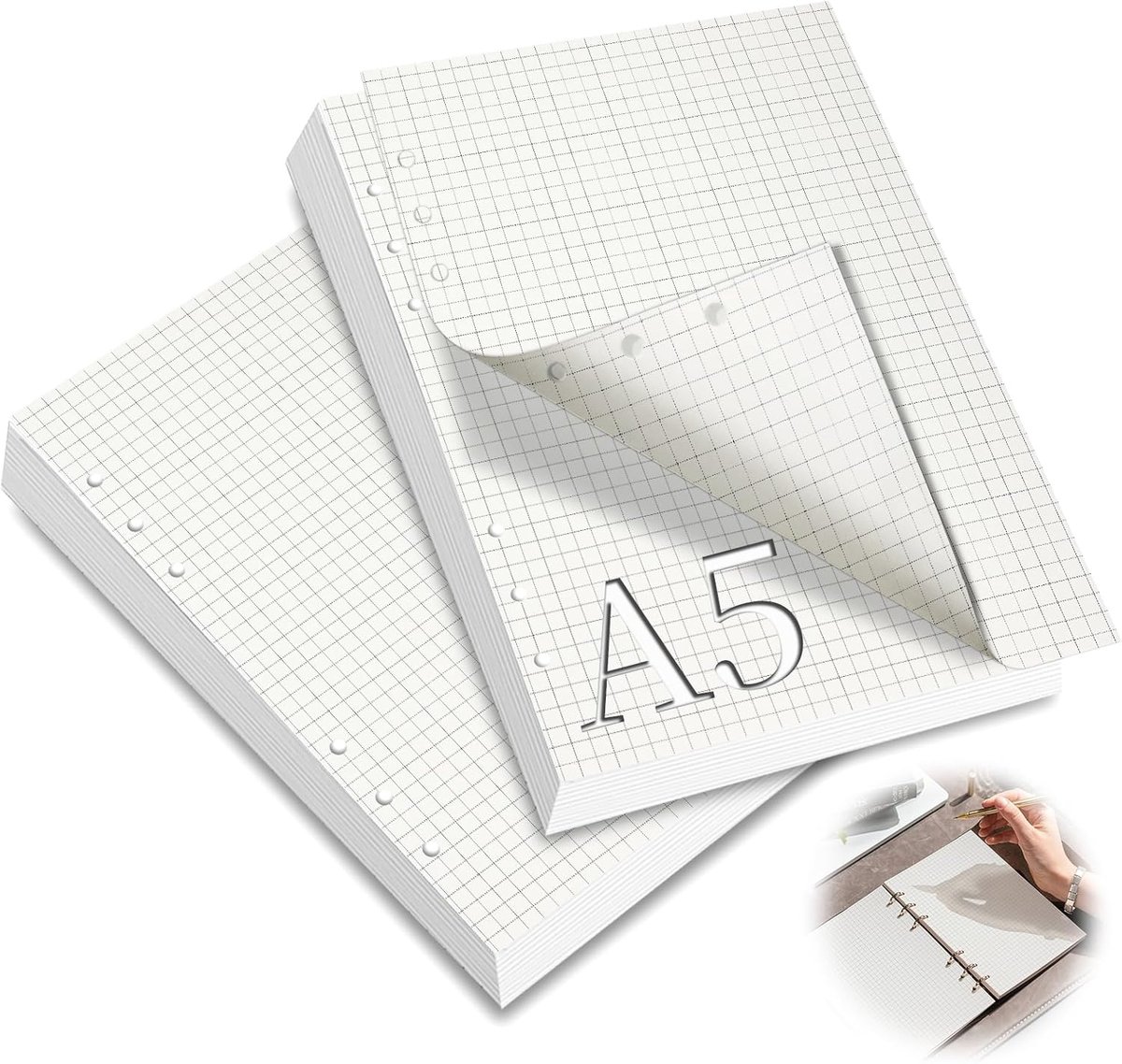 SnelShoppen - Ringband Inzetstukken A5 Geruit - 2 Verpakkingen Navulpapier 6 Gaten - 120 Vellen Notitiepapier voor Dagboek, Notitieboek, Schets en Sch