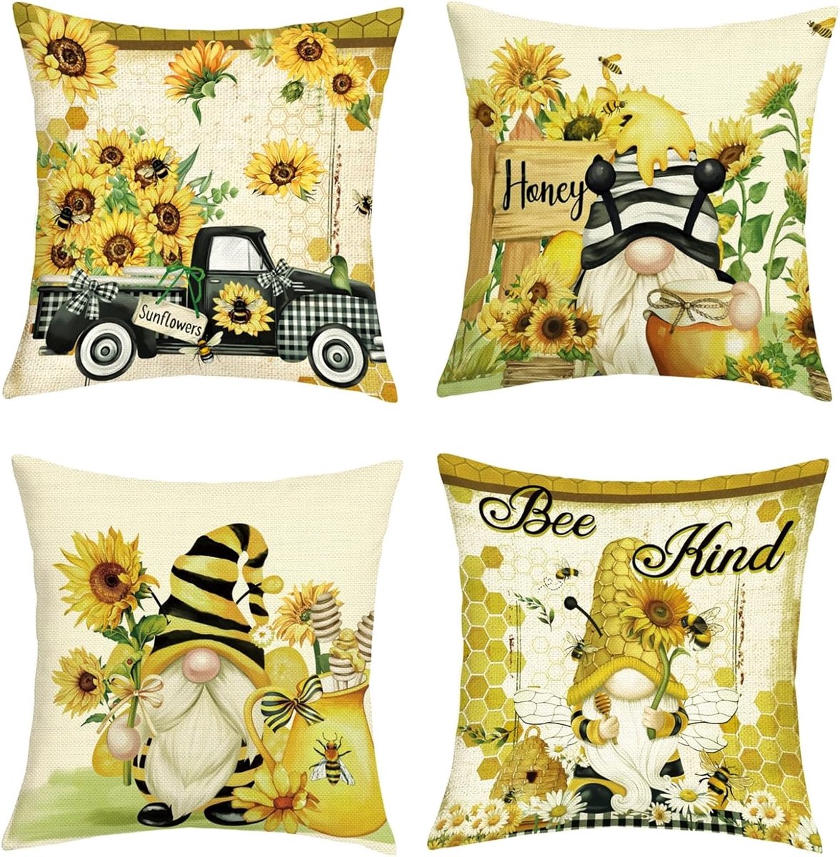 SnelShoppen - Set van 4 Decoratieve Kussenslopen 45x45 cm - Zomer Zonnebloemen en GNOME Design - Polyester Kussenhoezen voor Bank, Slaapkamer en Woonk