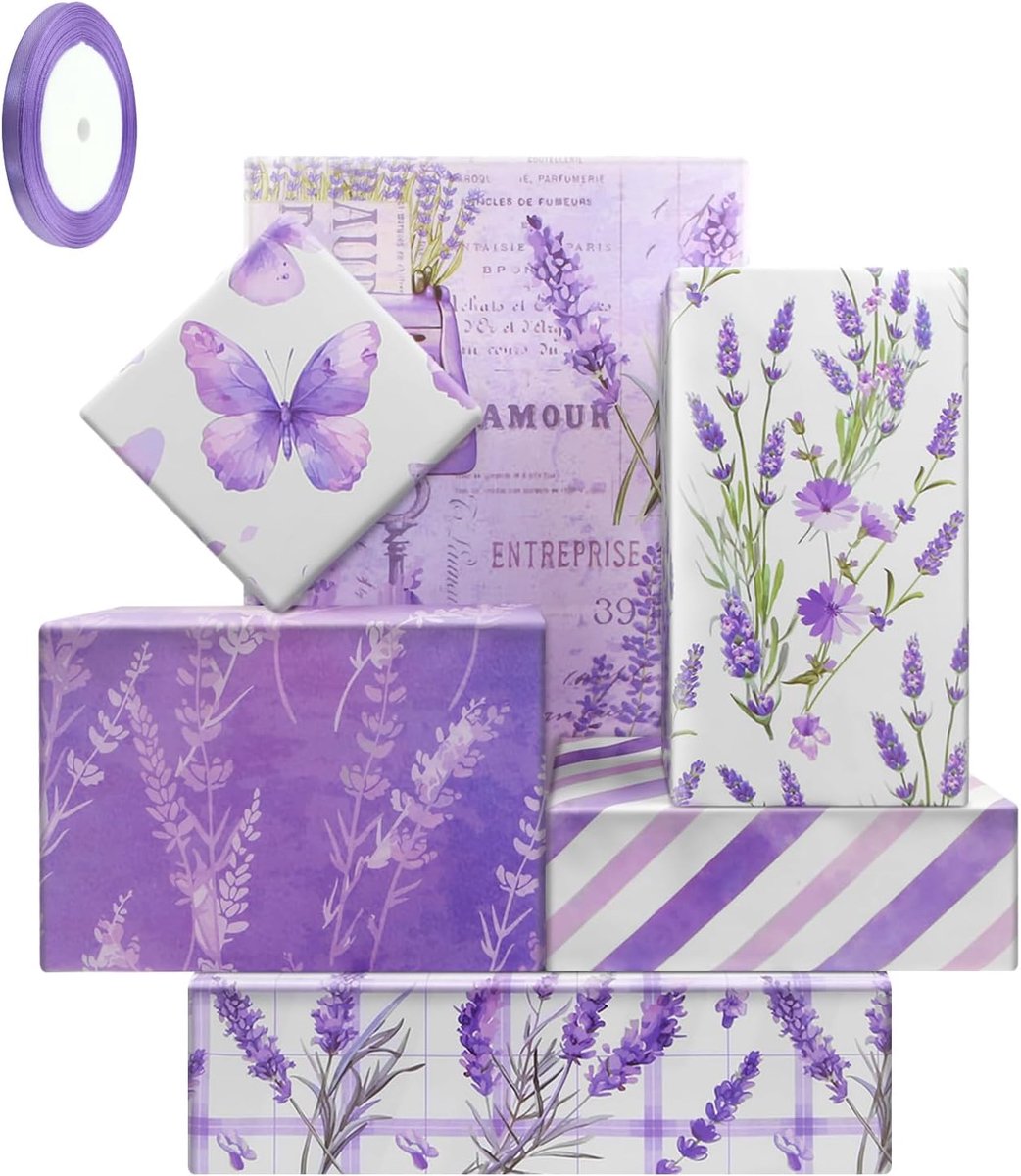SnelShoppen - Paarse Lavendel Geschenkpapier met Bloemenstrepen, 6 Vellen Cadeaupapier en Lint voor Bruidsdouche, Verjaardagsfeestje, Kinderfeestje, 5