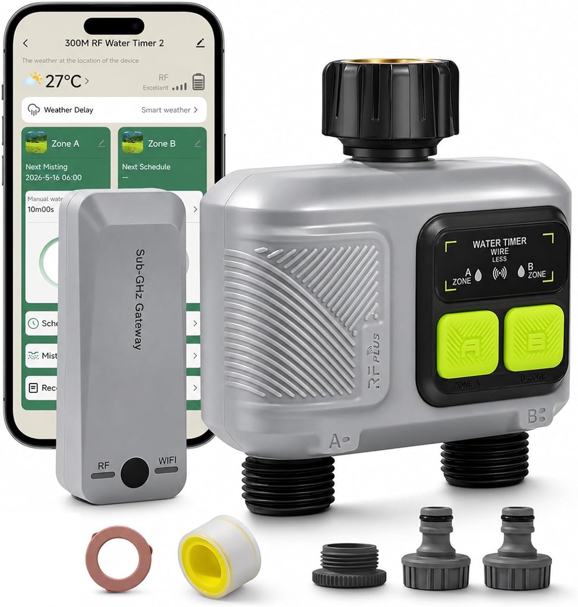SnelShoppen - 2-Wegs WiFi Irrigatietimer met Afstandsbediening, Automatische Bewatering, Spraakbesturing, Regenvertragingsfunctie, 300 Meter Bereik vo