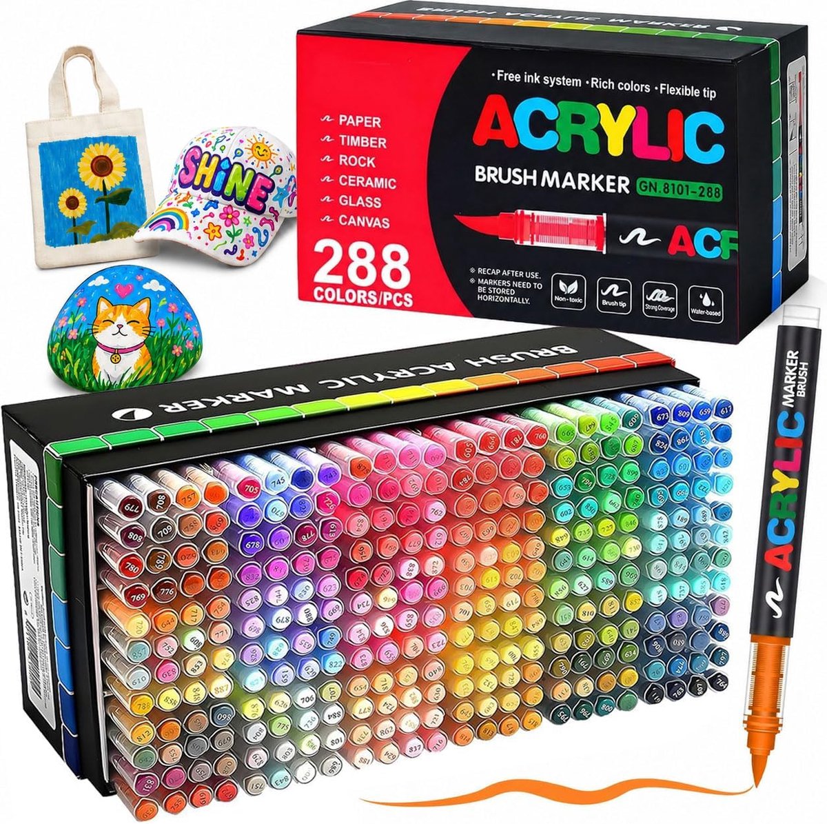 SnelShoppen - 288 Acrylic Pens Set met Flexibele Borstelpunt (1-5mm) - Waterbestendige en Sneldrogende Markers - Perfect voor Steen, Keramiek, Metaal,