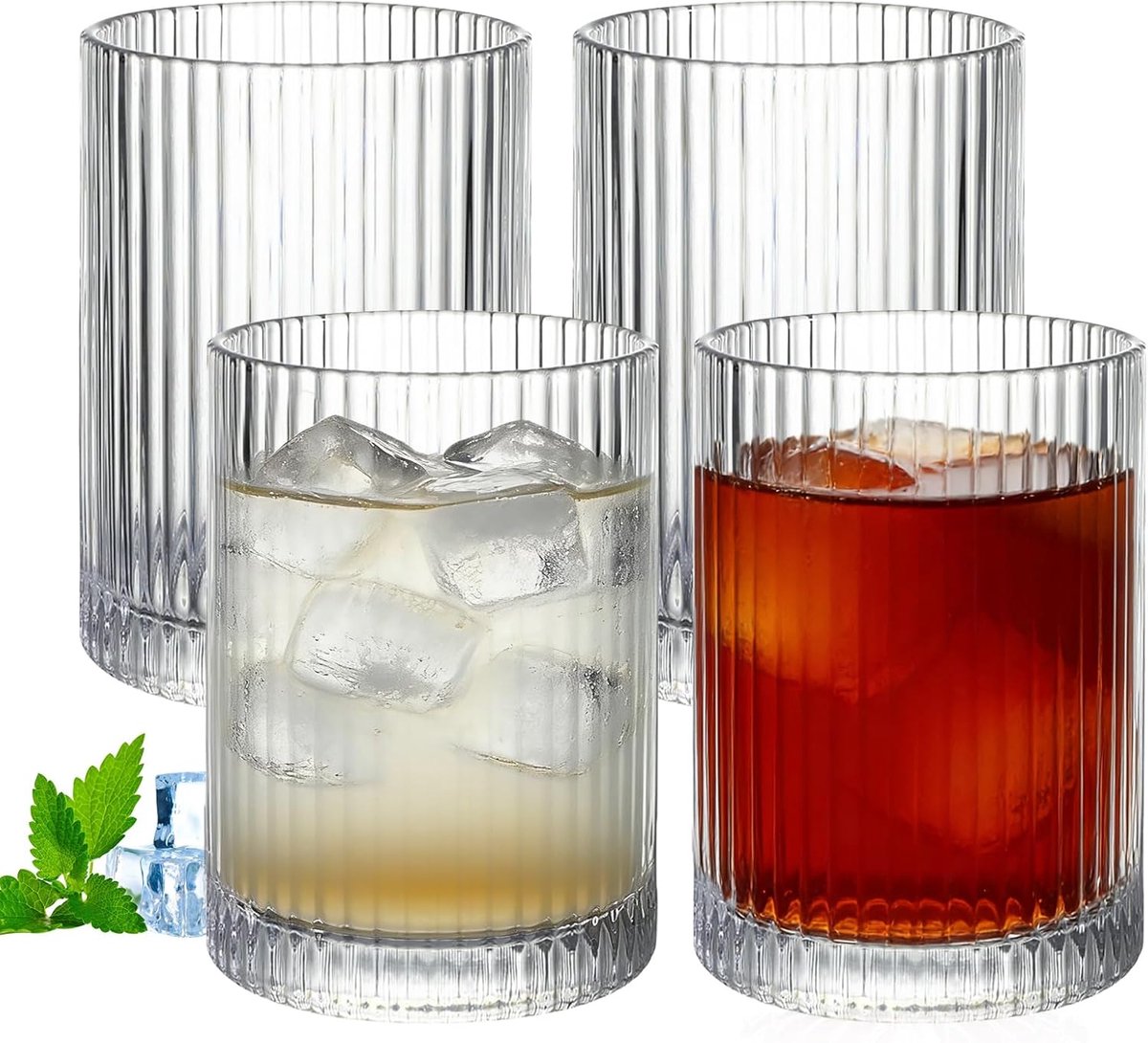 SnelShoppen - Ribbelglas Set van 4 Premium Drinkglazen 250 ml Origami Stijl Lange Drinkglazen voor Iced Coffee, Bier, Water, Sap, Mojito - Perfect voo