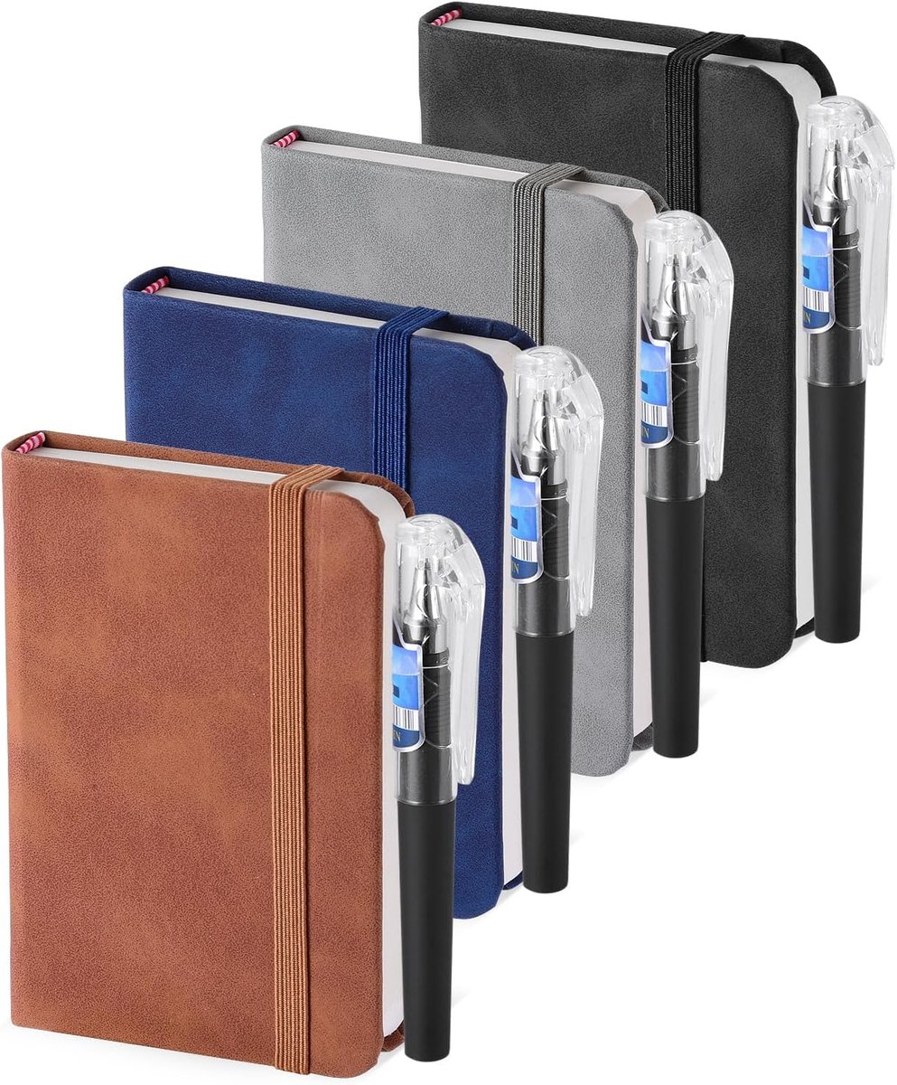 SnelShoppen - Set van 4 A7 Notitieboekjes met 4 Pennen, Handige Notepads met Elastische Band, 100 Dikke Bladen, PU Leer, Perfect voor School, Werk en