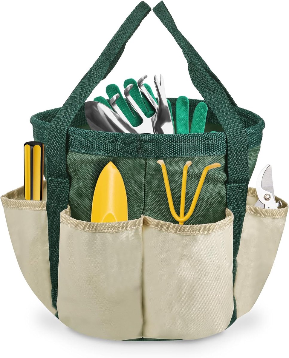 SnelShoppen - Tuingereedschapstas met 6 vakken, Oxford-stof, groen/beige, 20,5 x 19 cm, handige opbergtas voor tuingereedschap, perfect voor tuinders