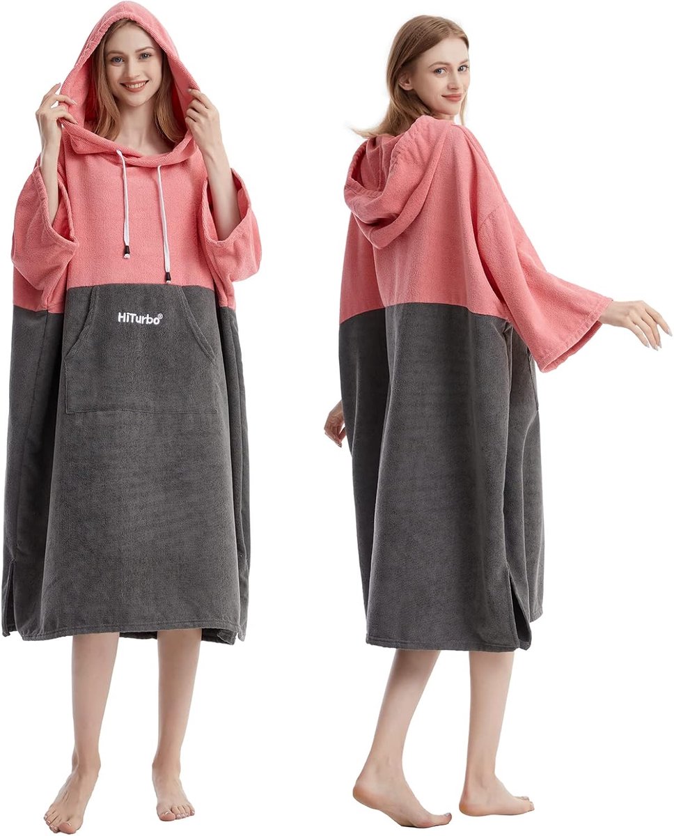 SnelShoppen - Hiturbo Luierbadjas Poncho Badhanddoek met Capuchon voor Strand, Zwemmen, Surfen - Roze en Grijs, Eenheidsmaat, Sneldrogend en Zacht Mat