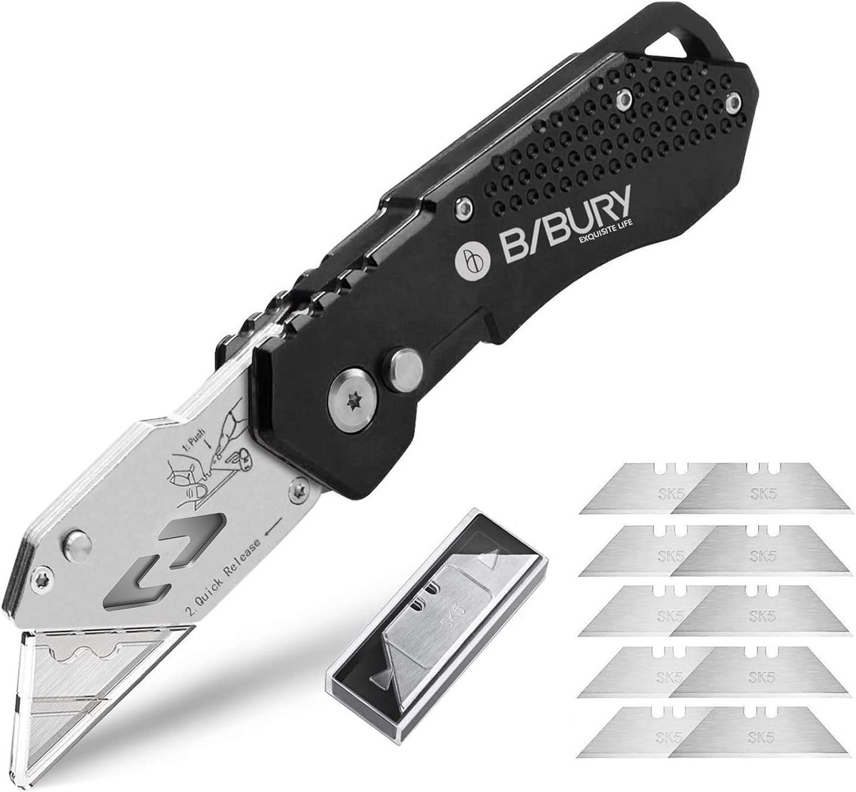 SnelShoppen - Universele Vouwmes, Compact Snijmes met 10 Ultra Scherpe RVS Bladen, Veiligheidsvergrendeling en Draagclip, Ideaal voor Do-it-yourself,