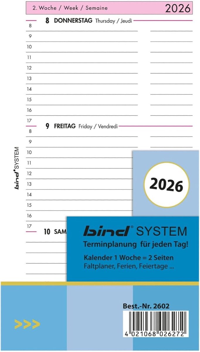 SnelShoppen - A6 Kalenderinleg 2026, Week op 2 Pagina's, 3-Talig, Voor Bind Systeem Planner, Wit Papier, Ideaal voor Manager en Tijdplanner