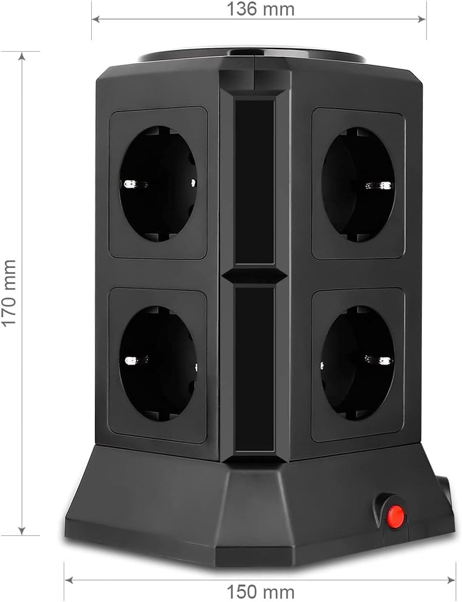 SnelShoppen - Power Strip met 8 Stopcontacten, 4 USB Oplaadpoorten, 2500W, 10A, 2m Kabel, Zwart, Voor Thuis, Kantoor, Camping, Veiligheid met Overspan