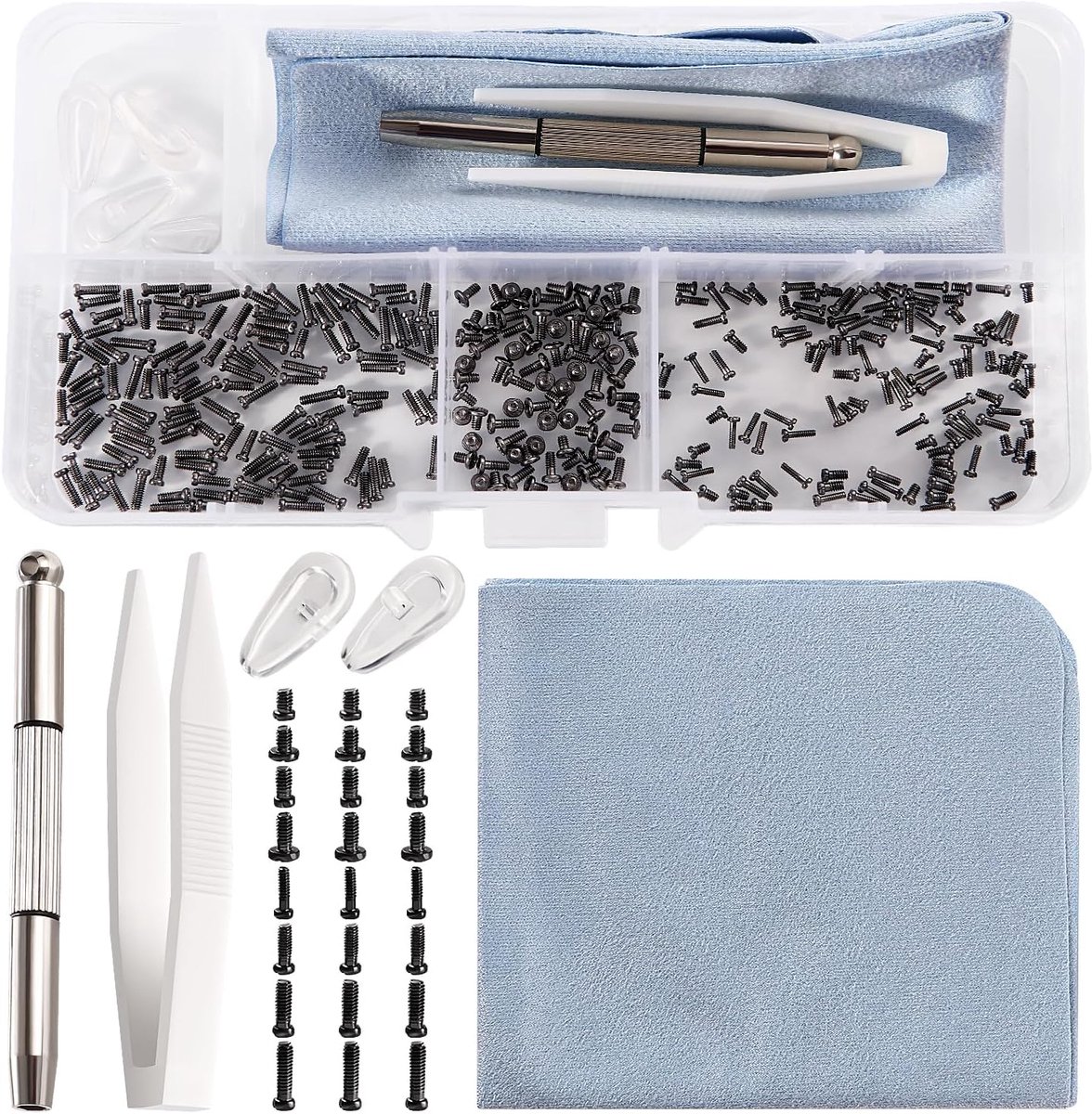 SnelShoppen - 200-delige Glazen Zonnebril Reparatie Kit - Inclusief Schroeven, Schroevendraaier, Neuspads, Pincet en Schoonmaakdoek - Hoogwaardige RVS