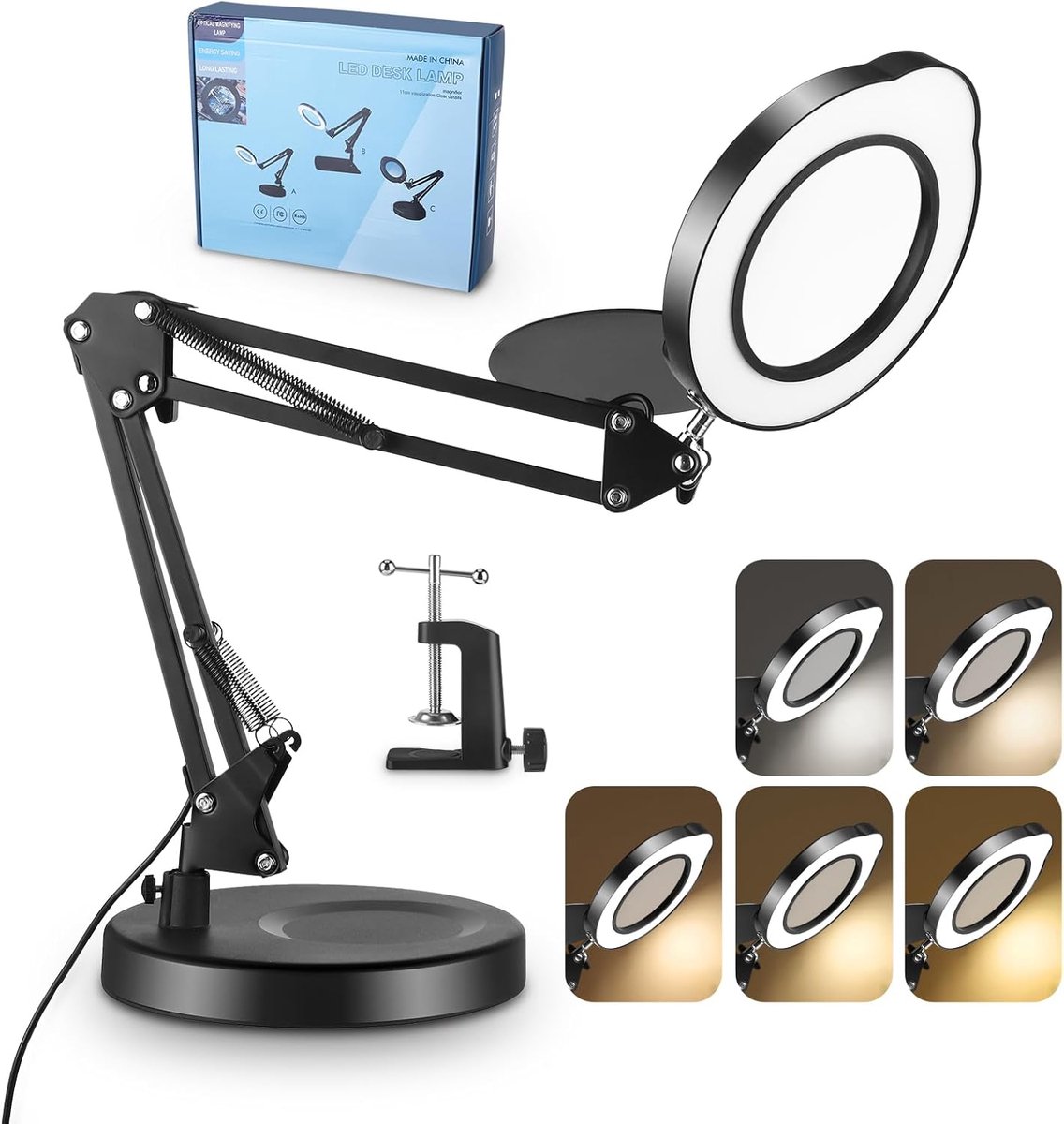 SnelShoppen - 15x Vergrootglas met Licht en Standaard, 2-in-1 LED-Vergrootlamp met Klem, 5 Kleurmodi, Traploos Dimbaar, 360° Draaibare Arm voor Ambach