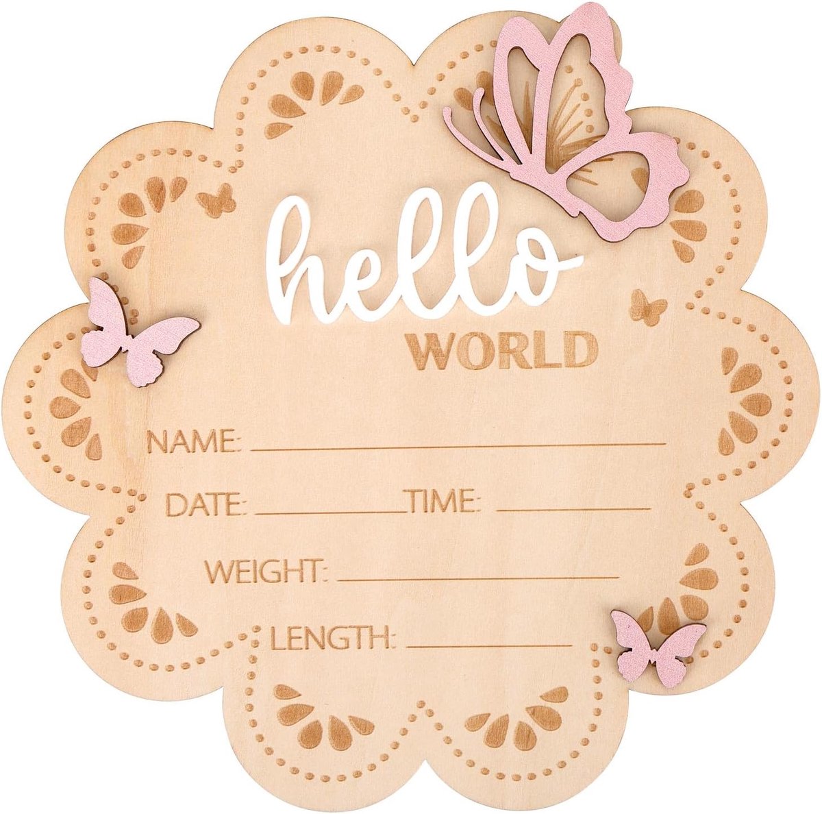 SnelShoppen - Hello World Houten Naambordje voor Pasgeboren Baby, Vlinder Design, 17.8x17.2 cm, Perfect voor Fotomomenten, Baby Shower en Kinderkamer