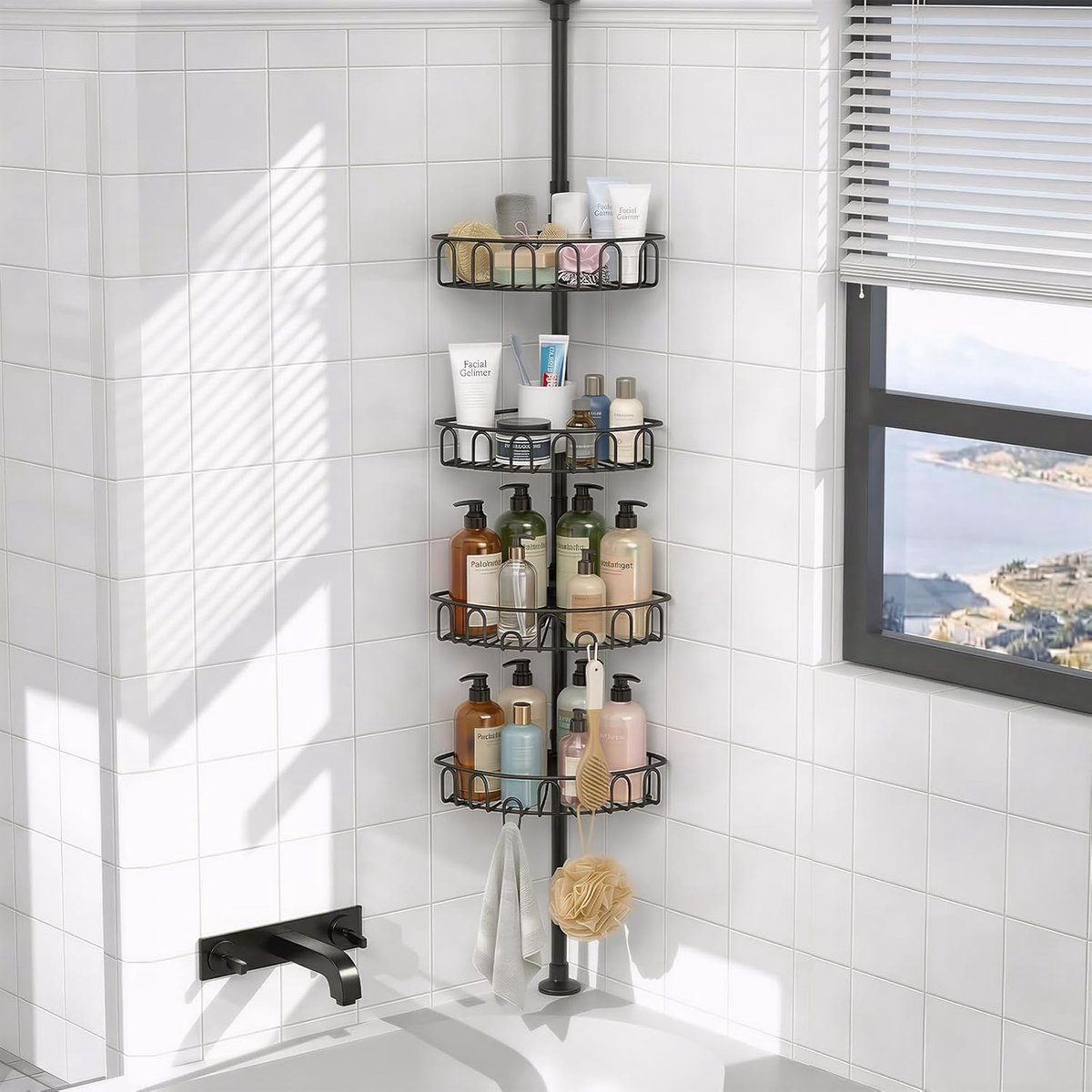 SnelShoppen - Telescopische Douche Rek Hoekplank Verstelbare Badkamer Plank met 4 Planken 85-316 cm Zwart - Ideaal voor Badkamer, Douche en Opslag