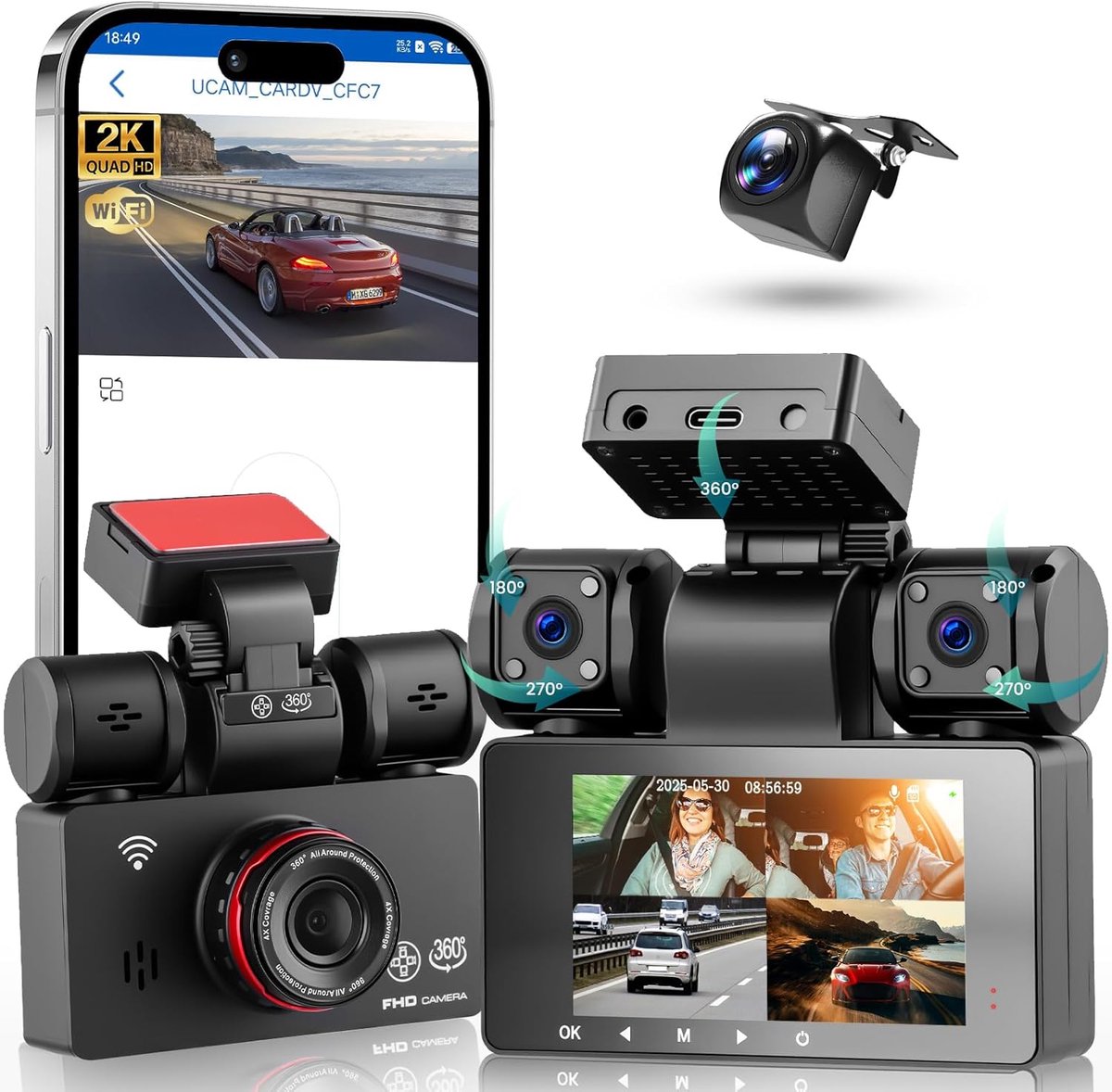 SnelShoppen - 2K Auto Dashcam 360° met 5GHz WiFi, 4 Camera's, 8 IR Nachtzicht, 3 Inch IPS Touchscreen, Loop Recording, G-Sensor, Parkeerbewaking, Acht
