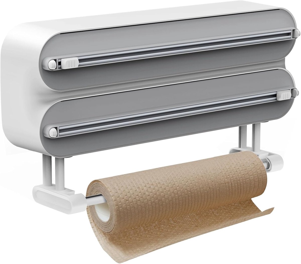 SnelShoppen - 3-in-1 Keukenrolhouder, Aluminium Folie en Vershoudfolie Dispenser met Snijmechanisme, Wandmontage, Transparant, Wit, ABS Materiaal