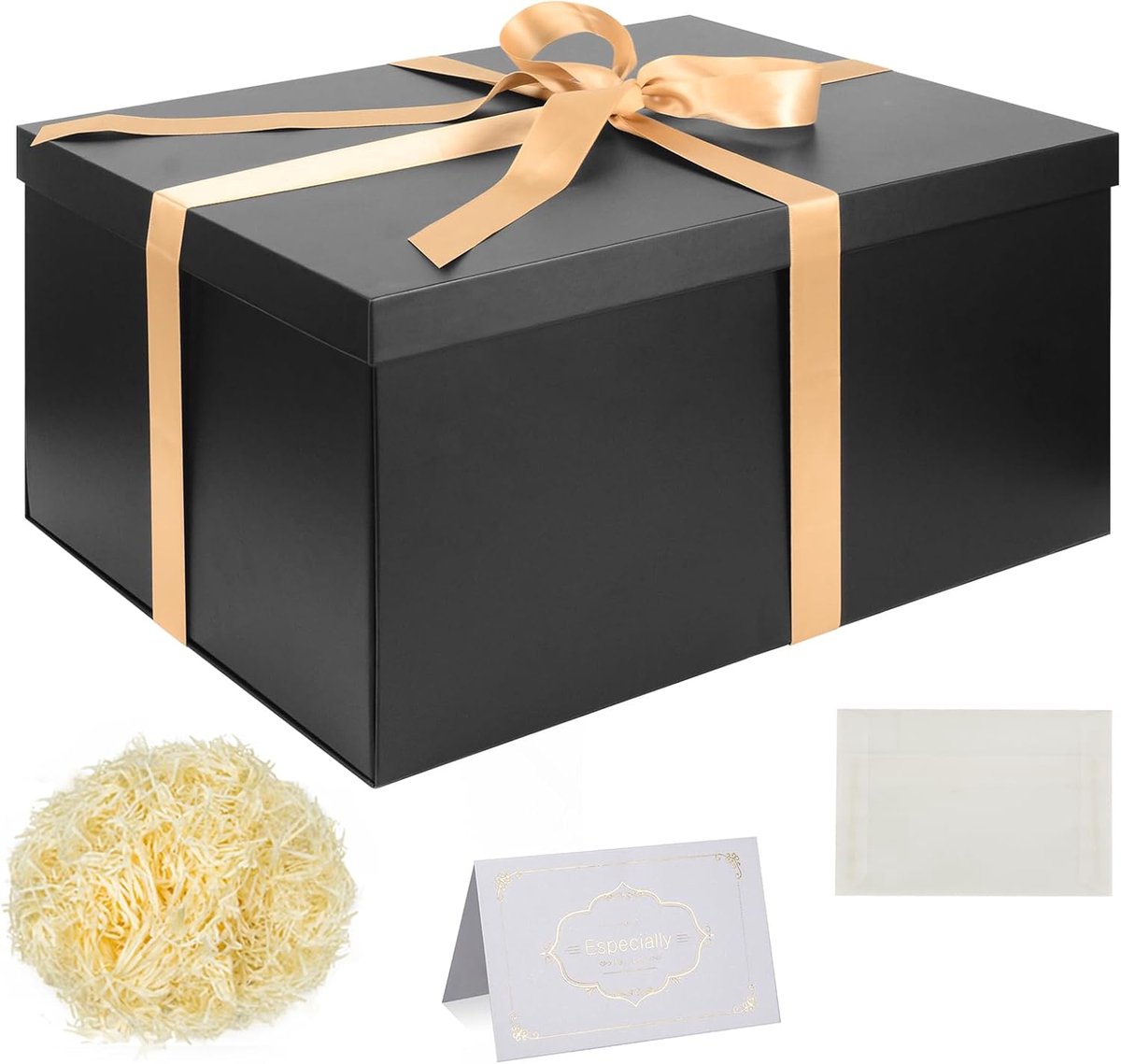 SnelShoppen - Cadeaudoos Set Zwart 38 x 28 x 19 cm - Grote Geschenkdozen met Deksels, Lint, Tissuepapier en Wenskaarten voor Kerst, Verjaardag, Huweli