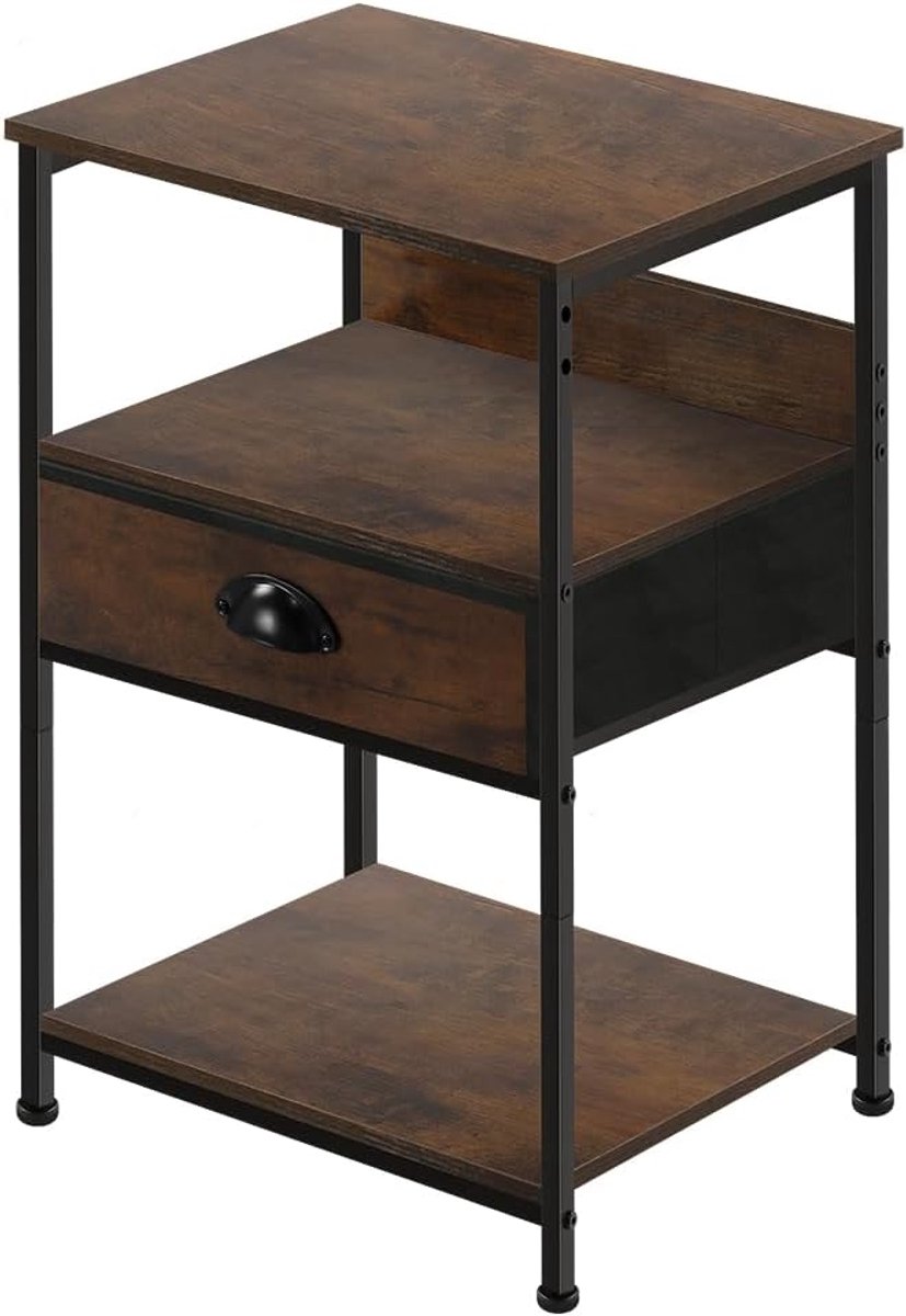 SnelShoppen - Industriële Bedside Table met 3-Tier Opslag, Rustiek Bruin, Met Lades, Ideaal voor Slaapkamer of Woonkamer - Lichtgewicht en Stabiel