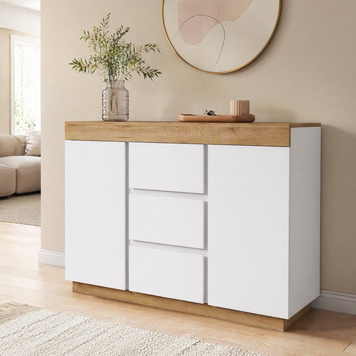 Wishdor - Dressoir - 3 lades en 2 deuren - gesloten opbergkast - klassieke stijl - slaapkamer en woonkamer - houtlook - wit en eiken - 120,5 x 40,2 x 82,5 cm