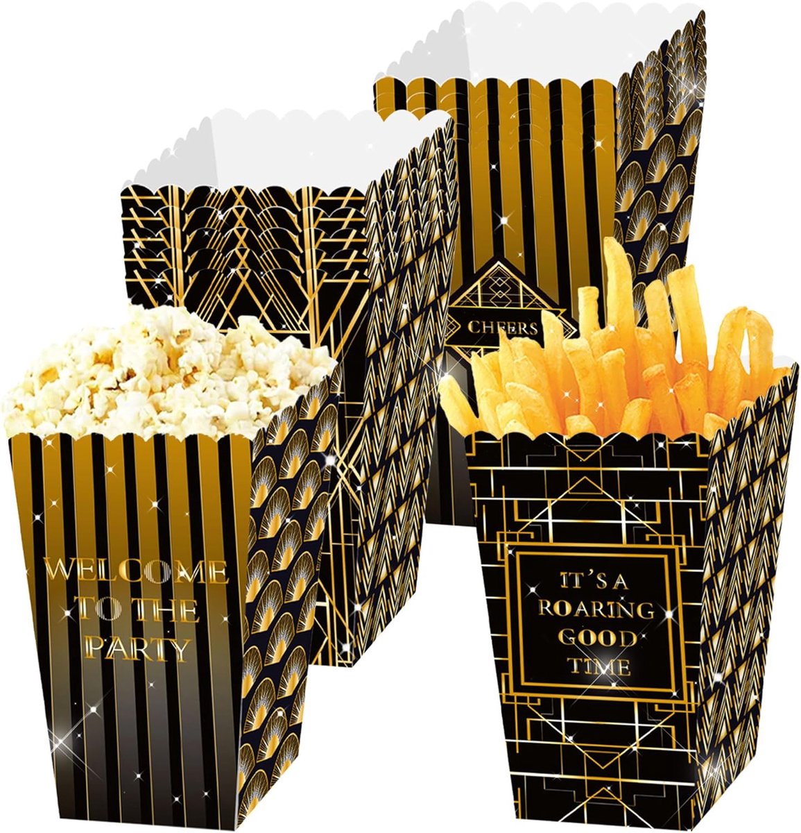 SnelShoppen - 12 Stuks Roaring 20s Popcorn Dozen en Snoepzakken - Retro Feestdecoraties in Zwart voor Verjaardagen, Themafeesten en Evenementen