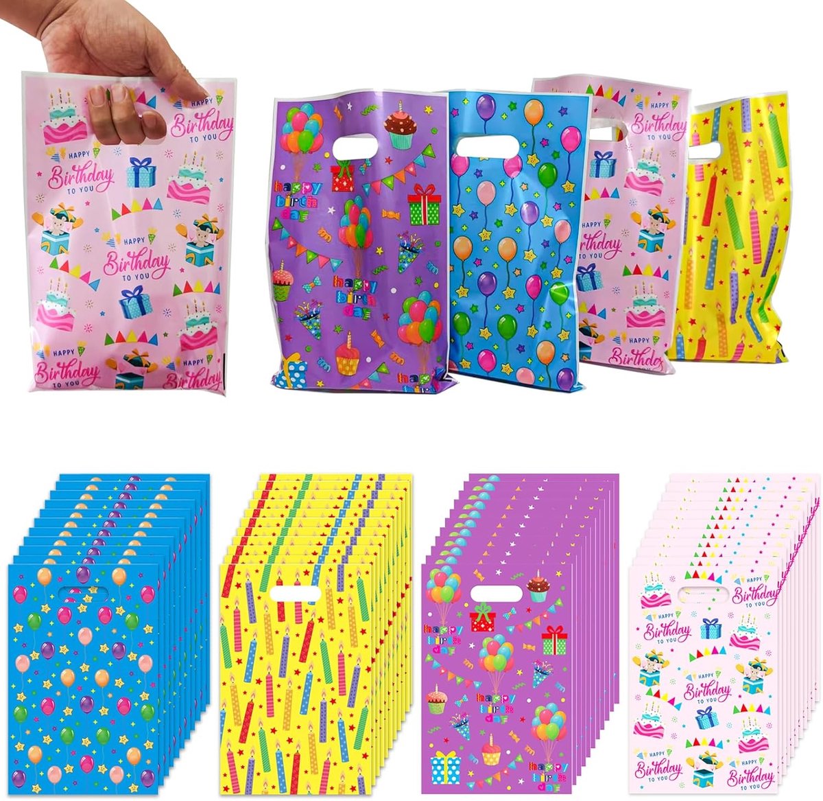 SnelShoppen - 50 Stuks Plastic Tassen voor Verjaardagsfeesten - Kleurige Cadeautassen voor Kinderen - Ideaal voor Feestjes, Feestdecoratie, en Goody B