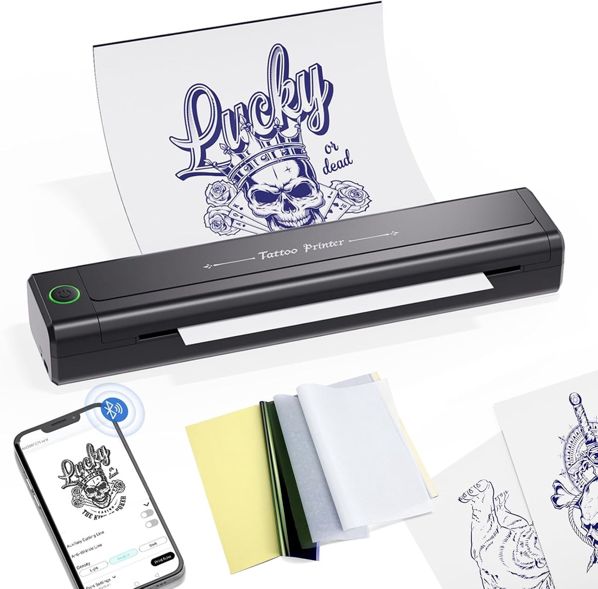 Tattoo Stencil Printer – Bluetooth – Draadloze Thermische Printer – Inclusief Opbergtas & 5 Stencilvellen – Zwart