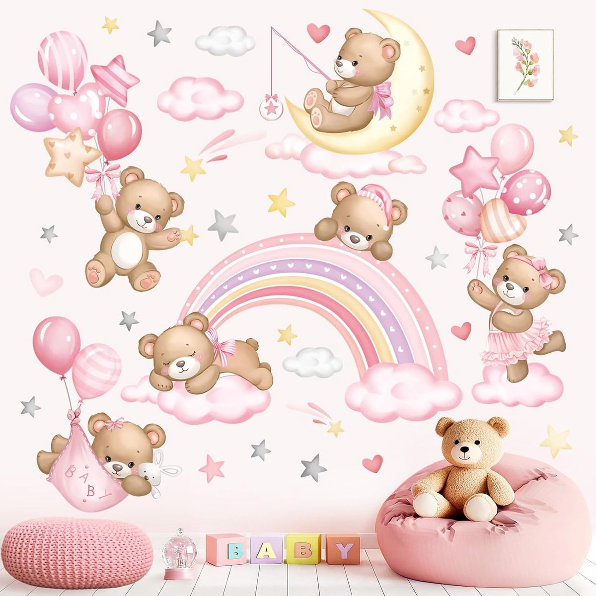 SnelShoppen - Wandstickers Roze Regenboog Beer Ballonnen Dieren Wolken Sterren PVC Peel en Stick Muurdecoratie voor Babykamer Kinderen Meisjes Slaapka