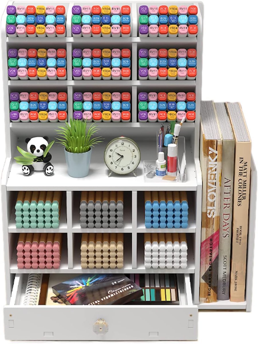 SnelShoppen - Desk Organizer Penhouder met 15 Compartimenten en Lade - Multifunctionele Plastic Bureau Organizer voor Thuis, Kantoor en School