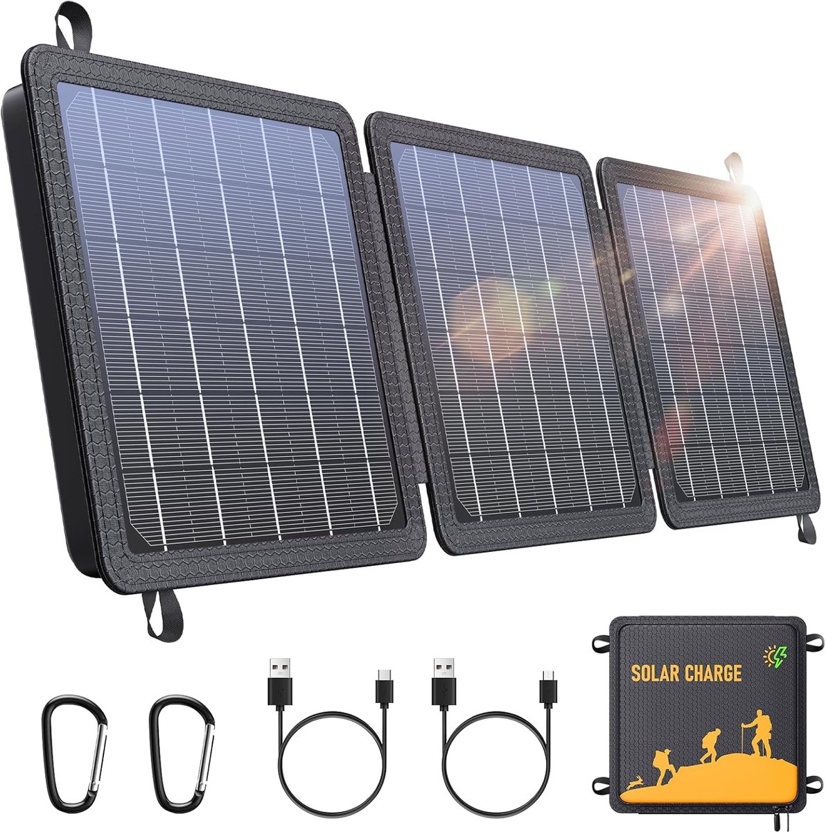 SnelShoppen - Draagbaar Zonnepaneel 15W Solar Charger met USB-C en USB Uitgang - Waterdicht IPX4 - Ideaal voor Motorhome, Kamperen en Buitenactiviteit
