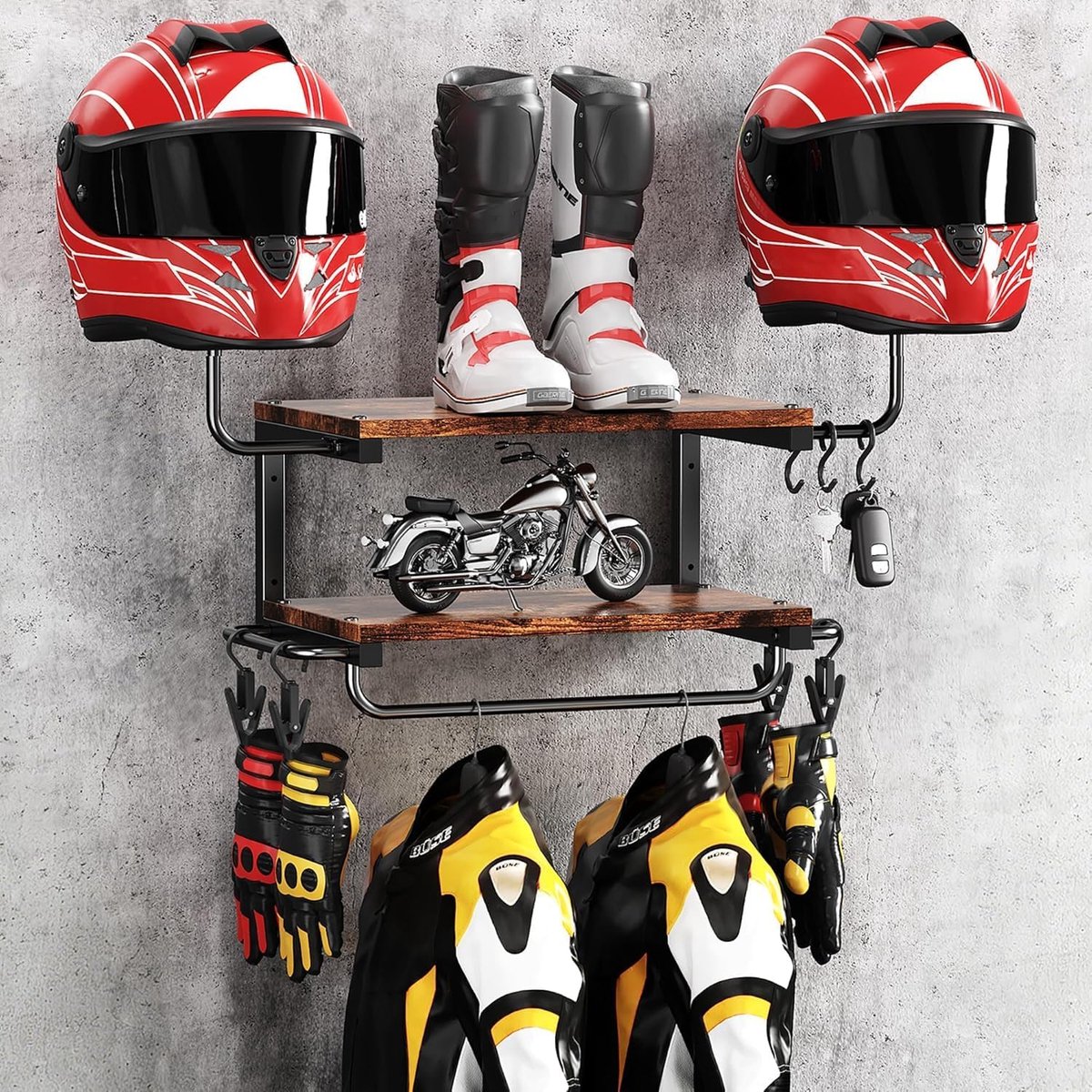 SnelShoppen - Motorhelm Houder voor 2 Helmen, Wandbeugel met Haak, 30 kg Draagcapaciteit, Geschikt voor Fiets- en Skimutsen (Donkerbruin)