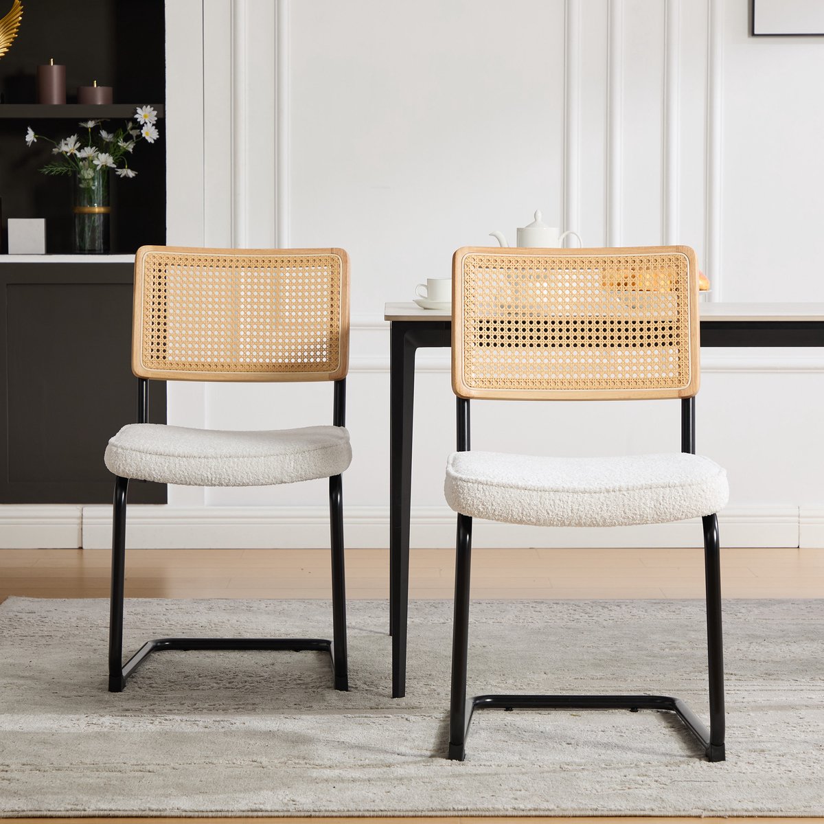 MEUNIQ eetkamerstoel set van 2 46 x 58 x 86 cm met chenille zitting, synthetisch rotan rugleuning en zwart metalen frame voor eetkamer of keuken, ivoor