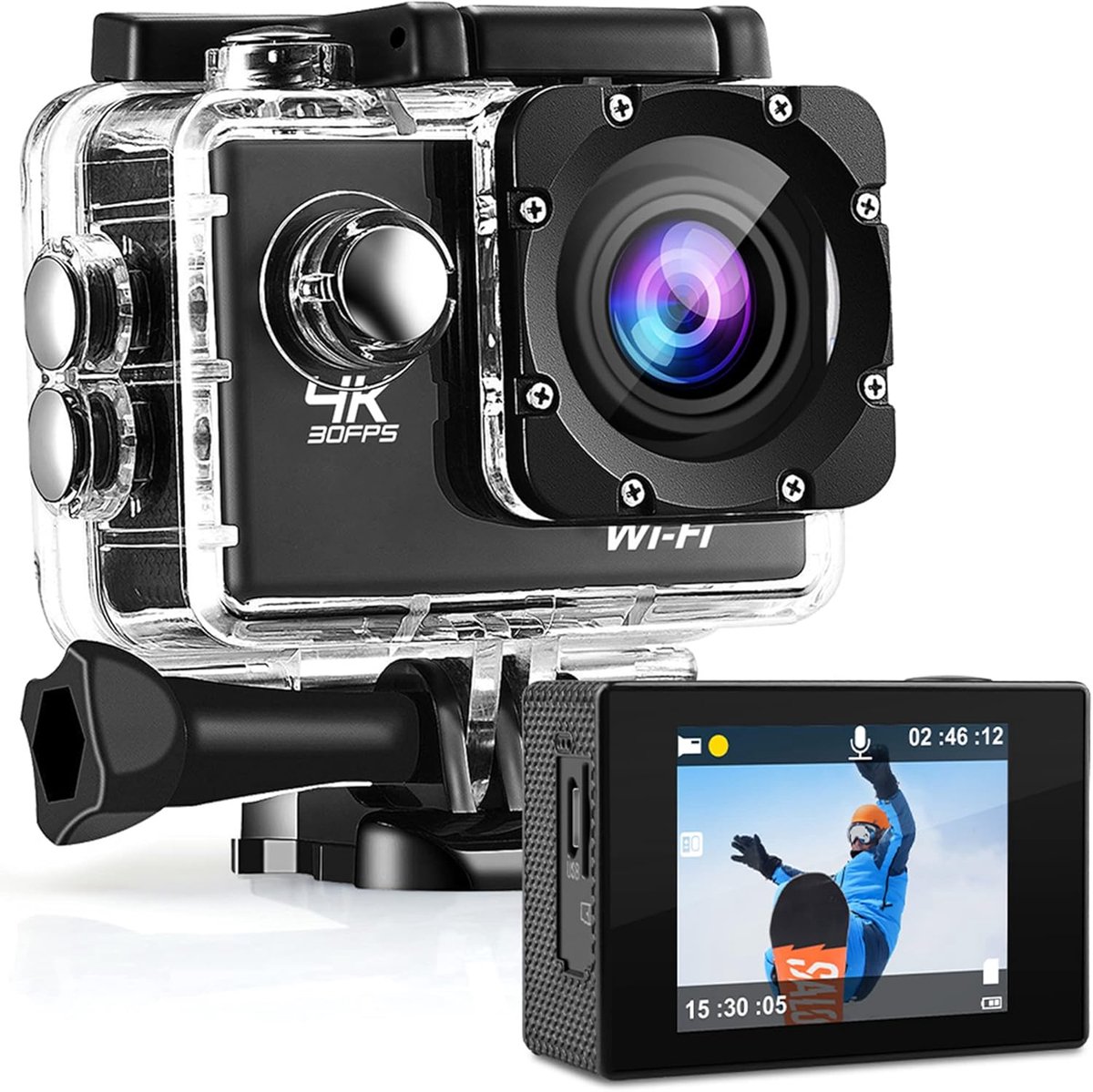 SnelShoppen - Actiecamera 4K 16MP - 60FPS Waterdicht tot 30M - Inclusief Accessoires - Onderwatercamera voor Avontuur, Reizen, Sport en Feesten