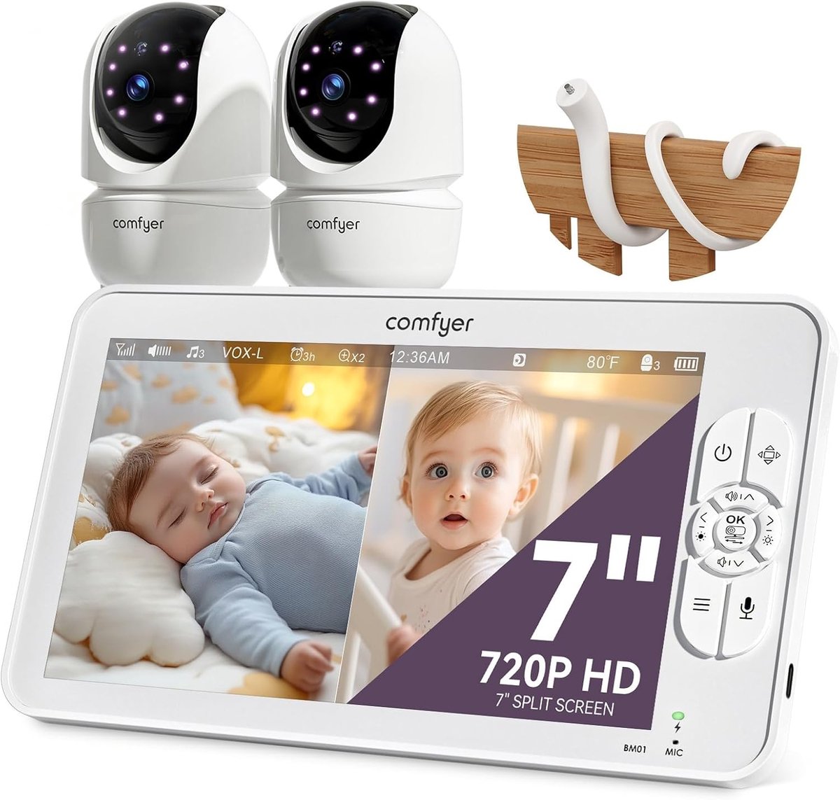 SnelShoppen - Comfyer BM01 Split-Screen Babyfoon met 2 Camera's, 7 inch HD 720P Video Babyfoon zonder Wifi, IR Nachtzicht, Vox-Modus, 2-Weg Audio, 600