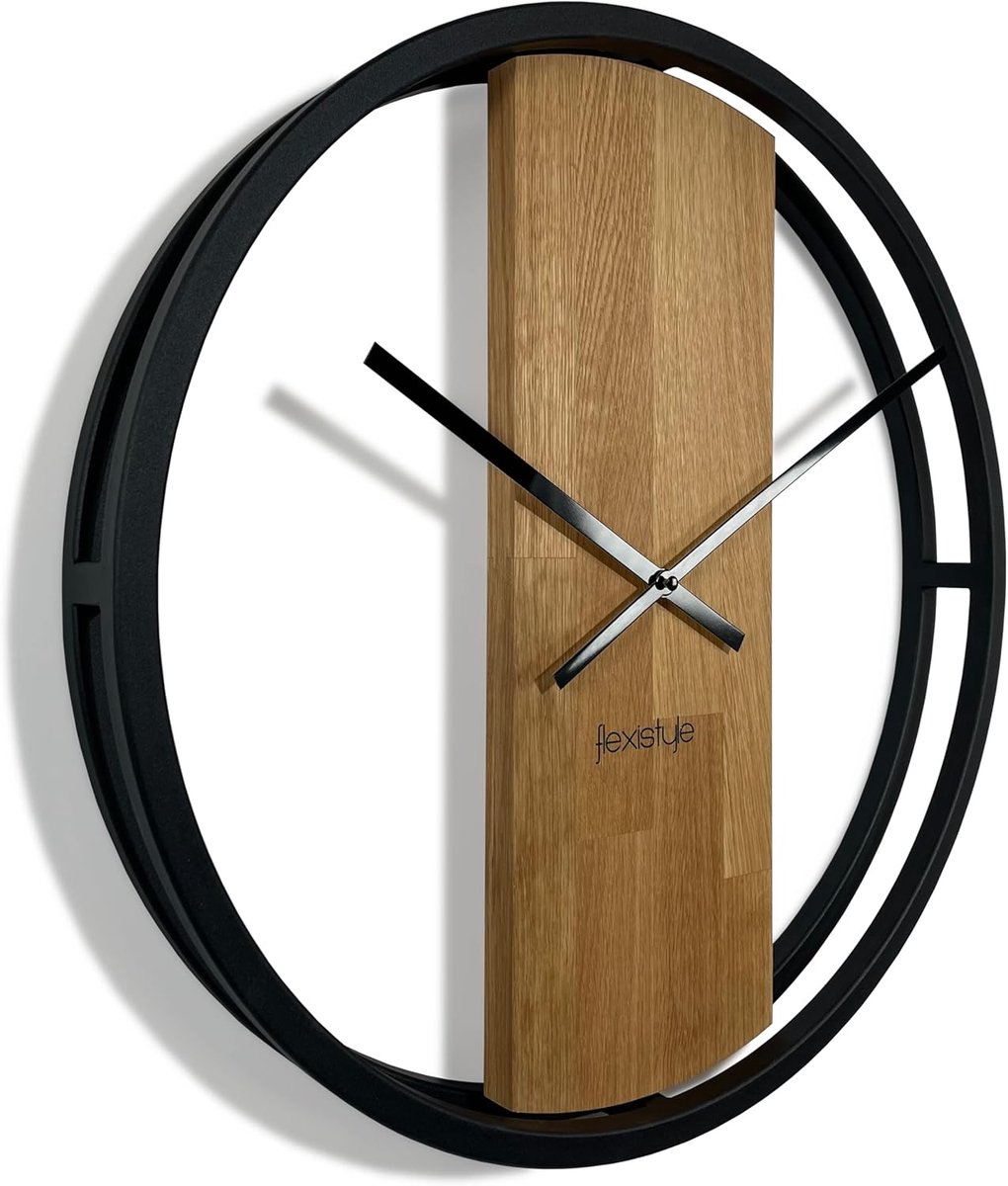 SnelShoppen - FLEXISTYLE Wandklok XXL Ovaal 50 cm - Zwart Metaal en Hout - Modern Design zonder Tikkende Geluiden - Perfect voor Badkamer en Woonkamer